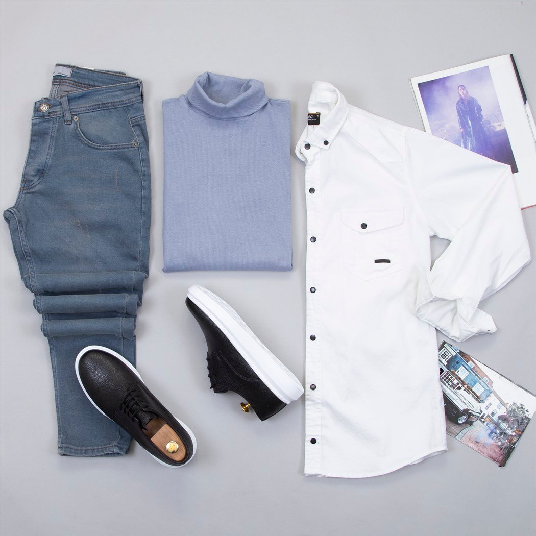 Pamuklu Beyaz Kot Gömlek Boğazlı Kazak Pantolon Ayakkabı Kombin