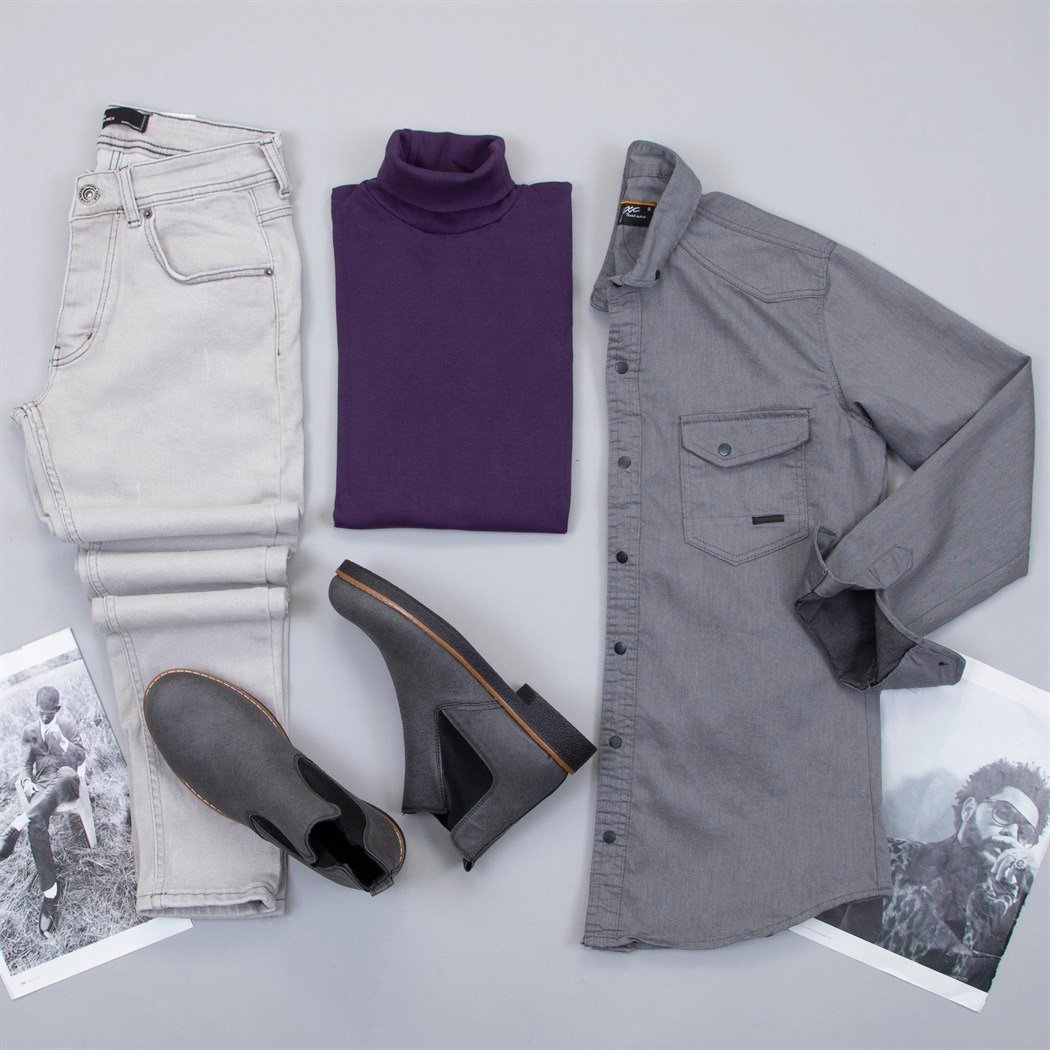 Pamuklu Gri Kot Gömlek Boğazlı Kazak Pantolon Bot Kombin