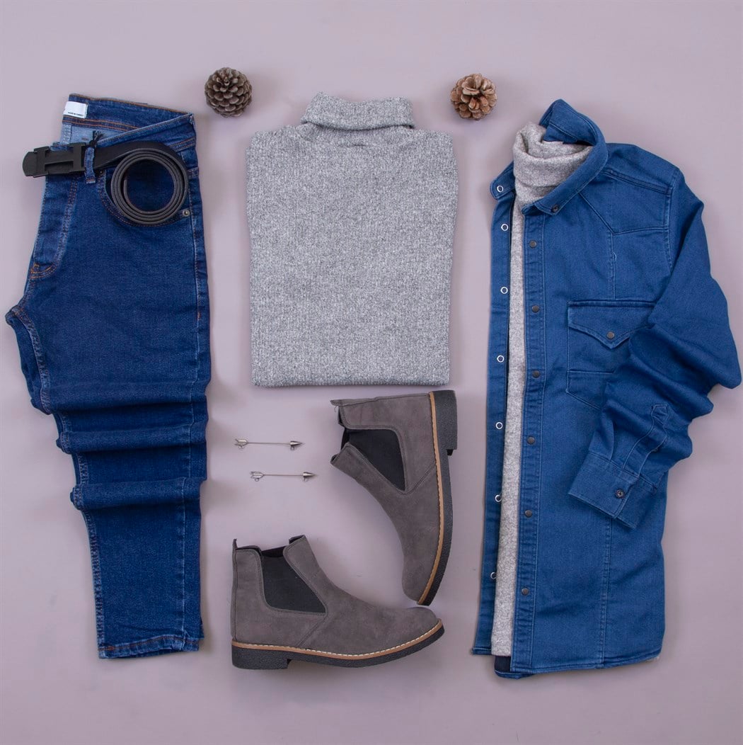 Pamuklu Kot Gömlek Kazak Pantolon Bot Kombin