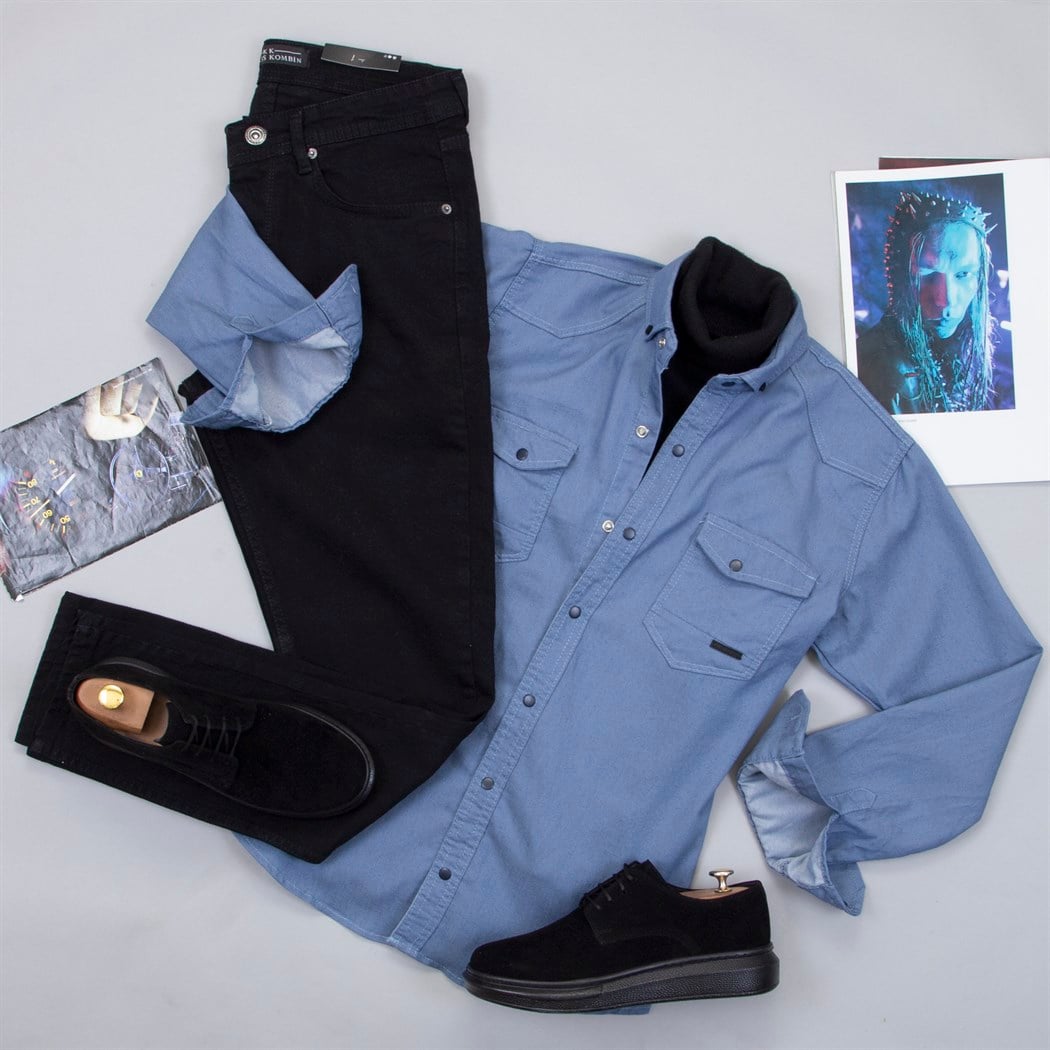 Pamuklu Mavi Kot Gömlek Boğazlı Kazak Pantolon Ayakkabı Kombin