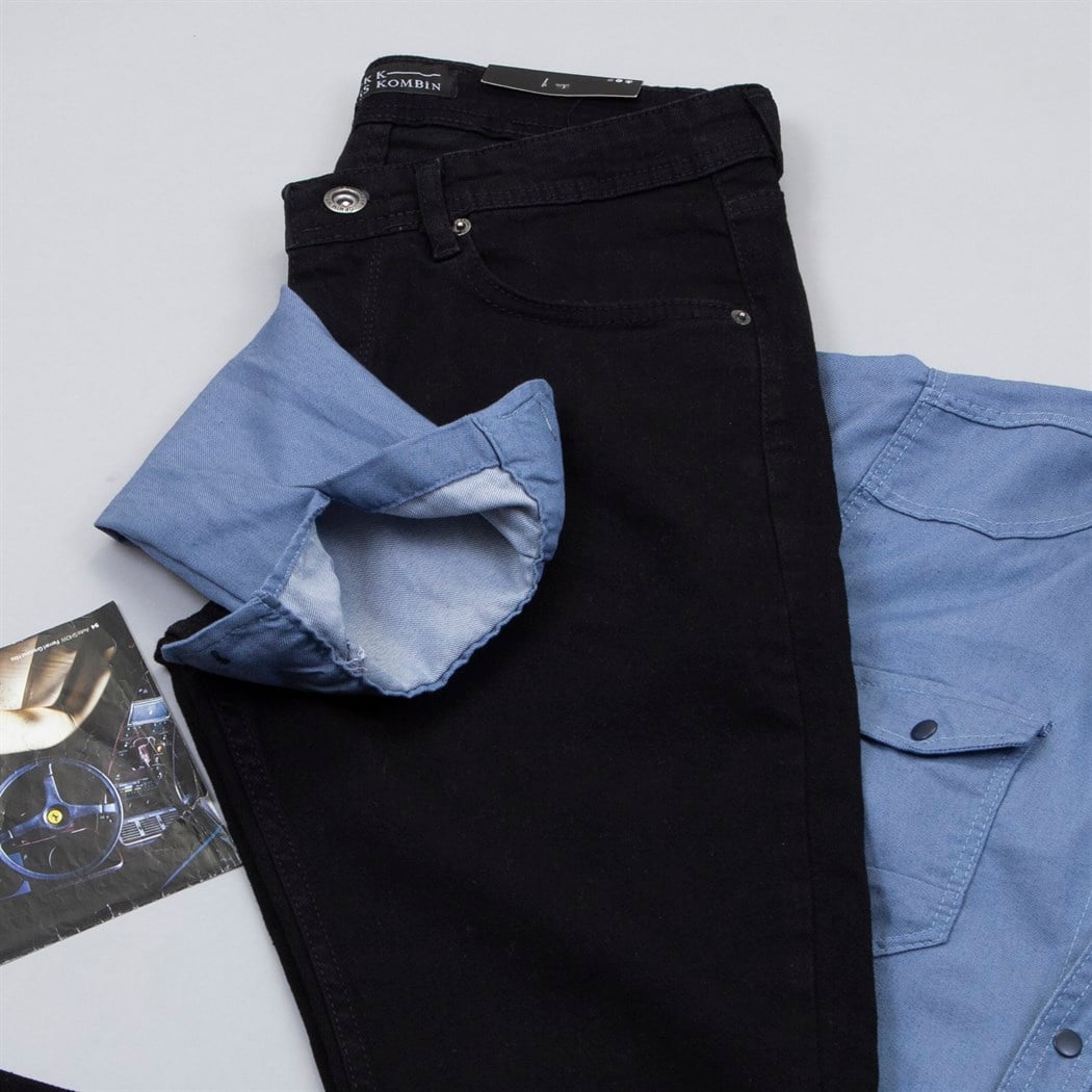 Pamuklu Mavi Kot Gömlek Boğazlı Kazak Pantolon Ayakkabı Kombin