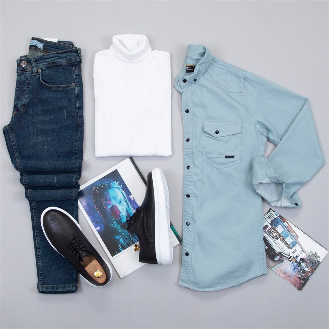 Pamuklu Mint Kot Gömlek Boğazlı Kazak Pantolon Ayakkabı Kombin