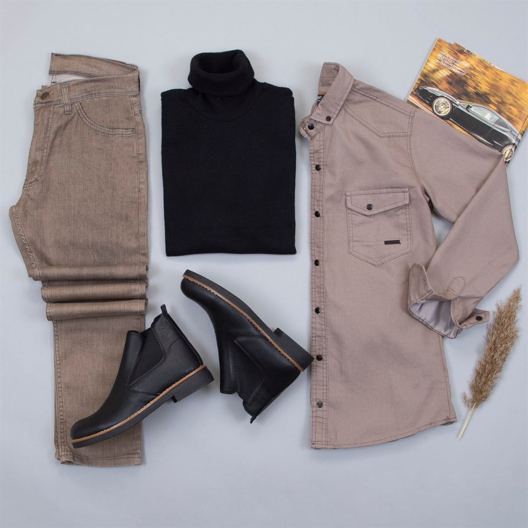 Pamuklu Sütlü Kahve Kot Gömlek Boğazlı Kazak Pantolon Bot Kombin