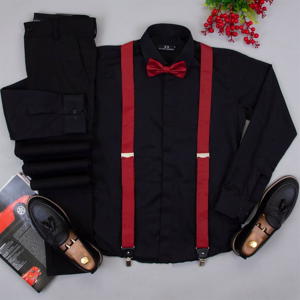 Papyonlu Askılı Siyah Klasik Kombin