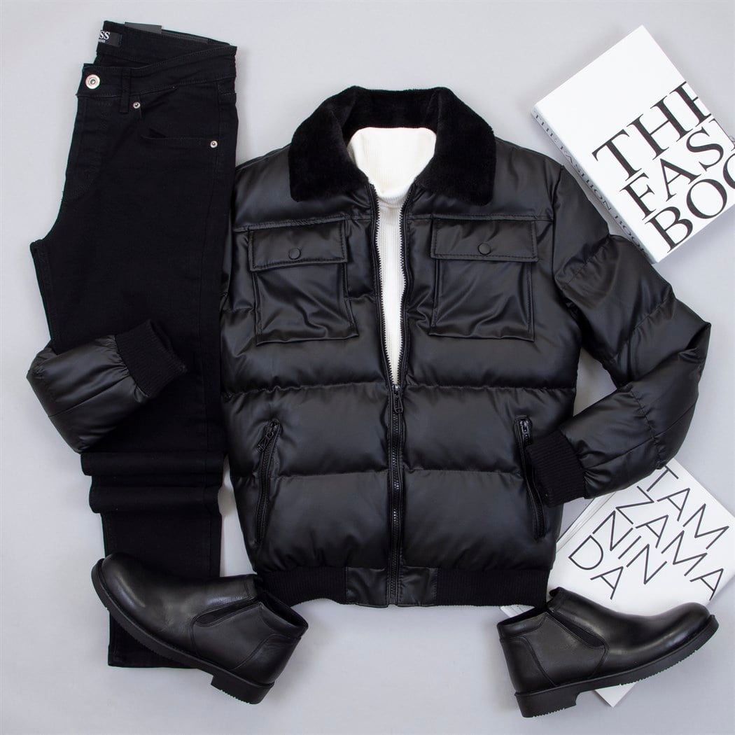 Parlak Siyah Deri Mont Kazak Pantolon Bot Kombin