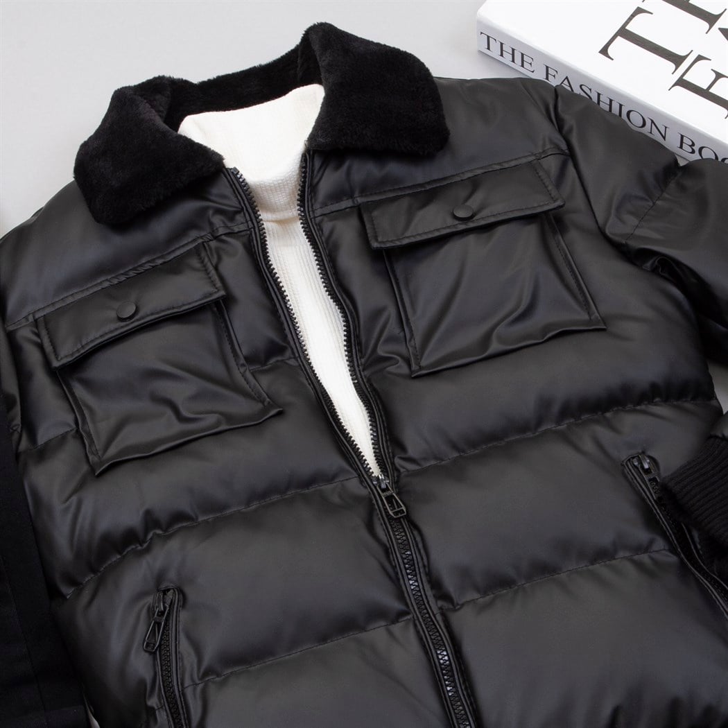 Parlak Siyah Deri Mont Kazak Pantolon Bot Kombin