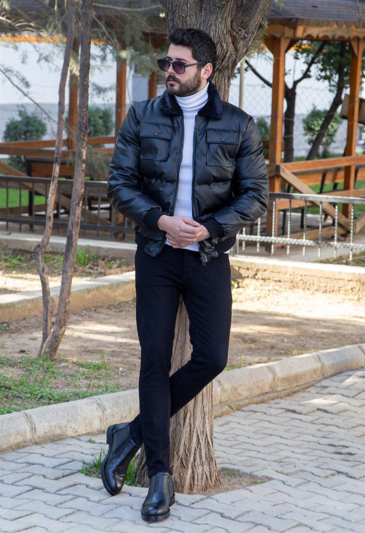 Parlak Siyah Deri Mont Kazak Pantolon Bot Kombin