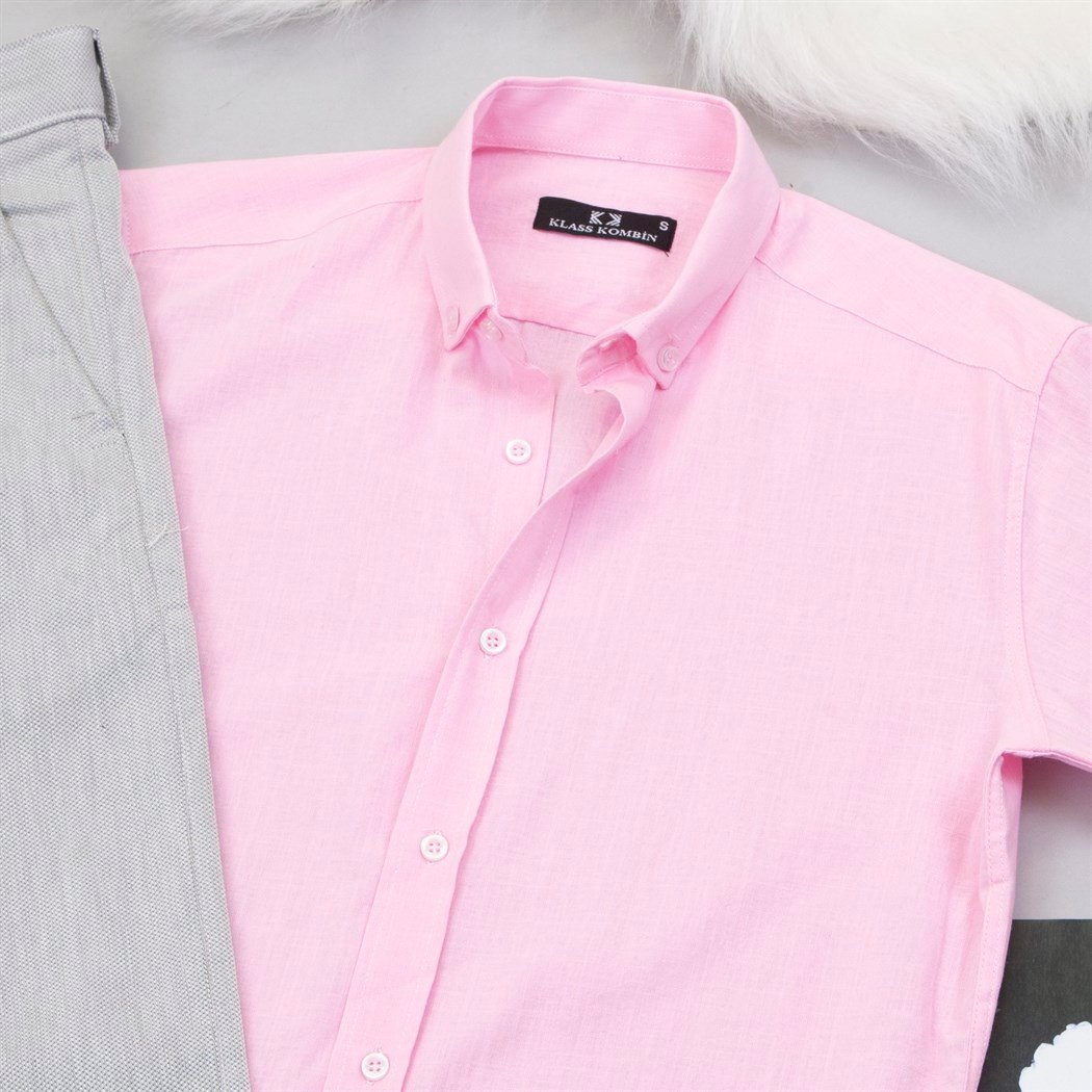 Pembe Keten Gömlek Pantolon Ayakkabı Kombin