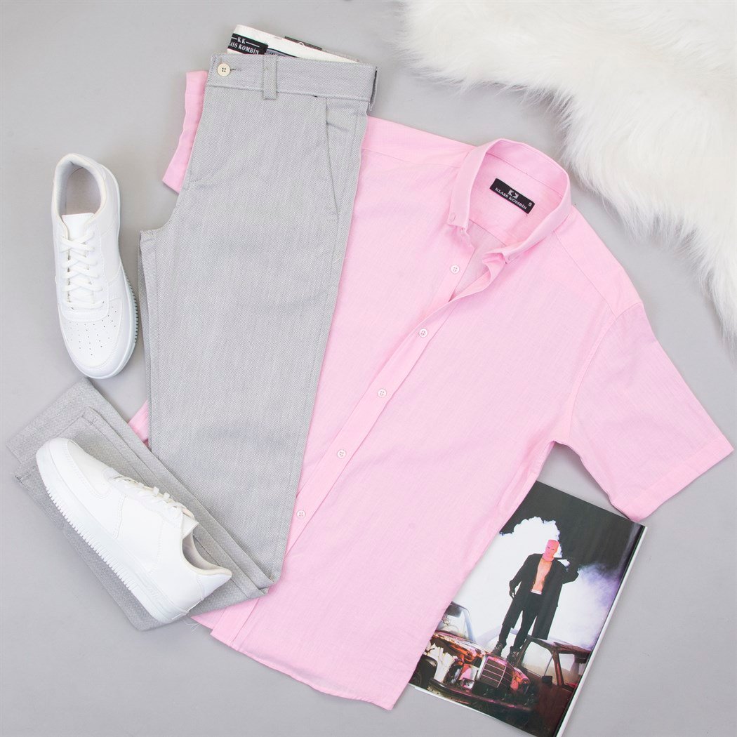 Pembe Keten Gömlek Pantolon Ayakkabı Kombin