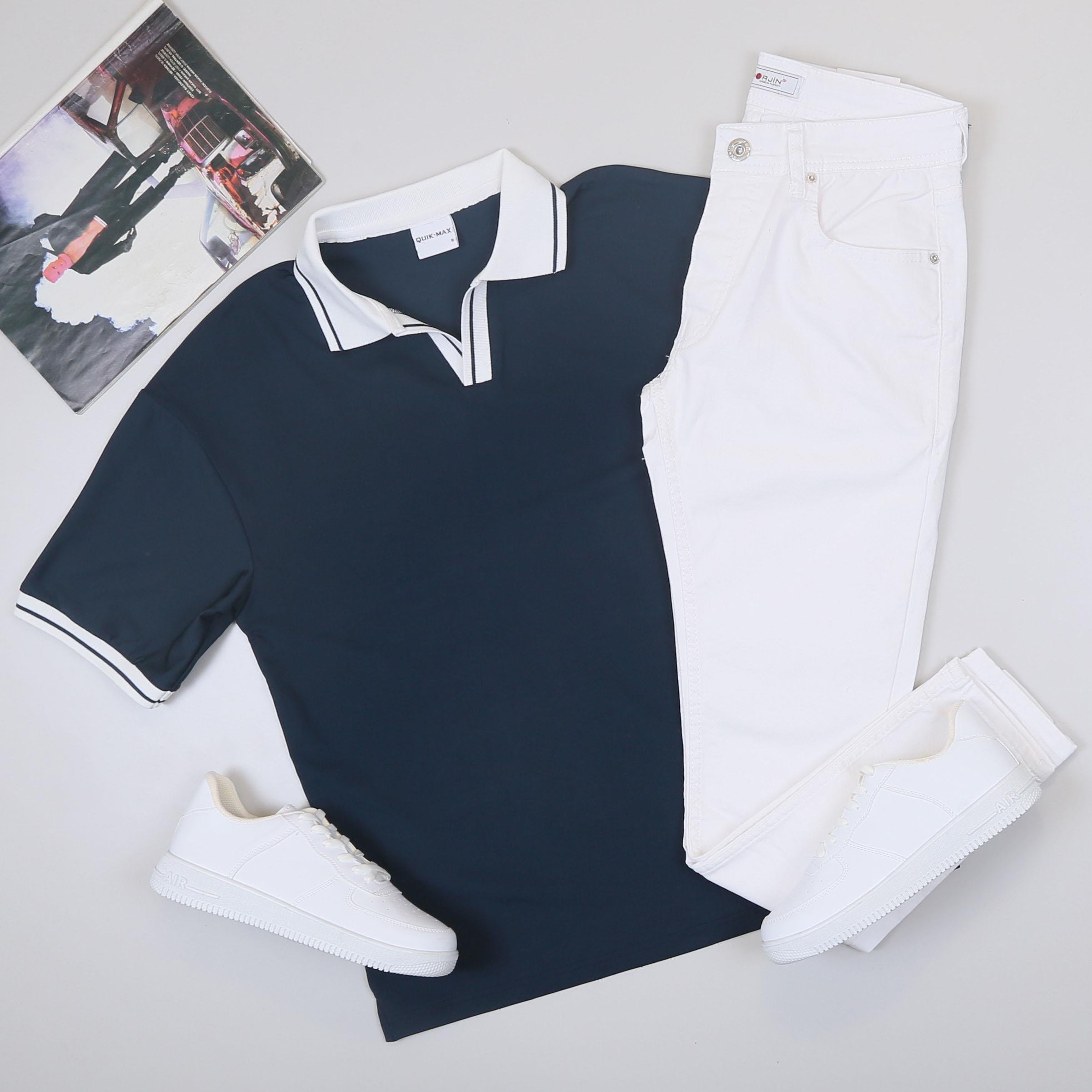 Petrol Mavisi Forma Kumaş Polo Yaka Tişört Pantolon Ayakkabı Kombin