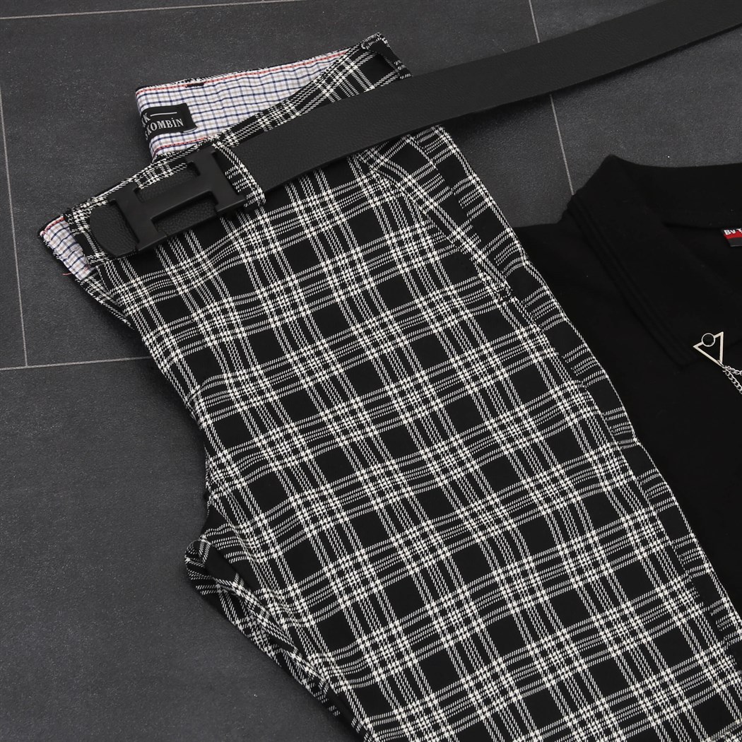 Polo Yaka T-Shirt Ekose Kumaş Pantolon Klasik Ayakkabı Kombini 
