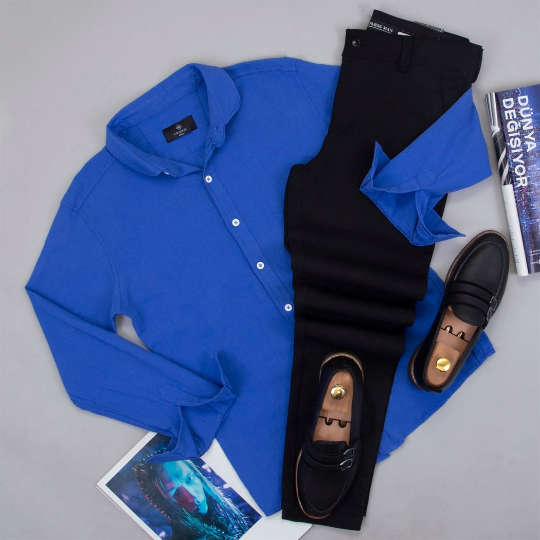Saks Mavi Gömlek Pantolon Ayakkabı Kombin