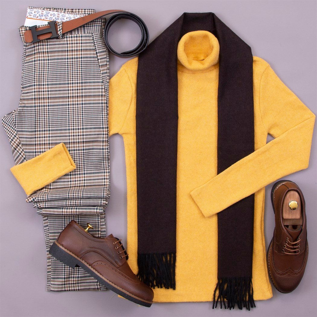 Sarı Boğazlı Kazak Atkı Ekoseli Pantolon Ayakkabı Kombin