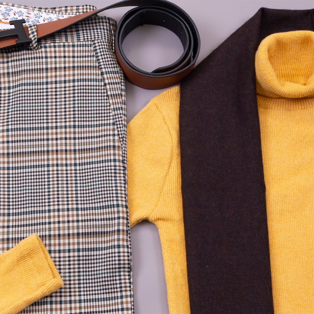 Sarı Boğazlı Kazak Atkı Ekoseli Pantolon Ayakkabı Kombin