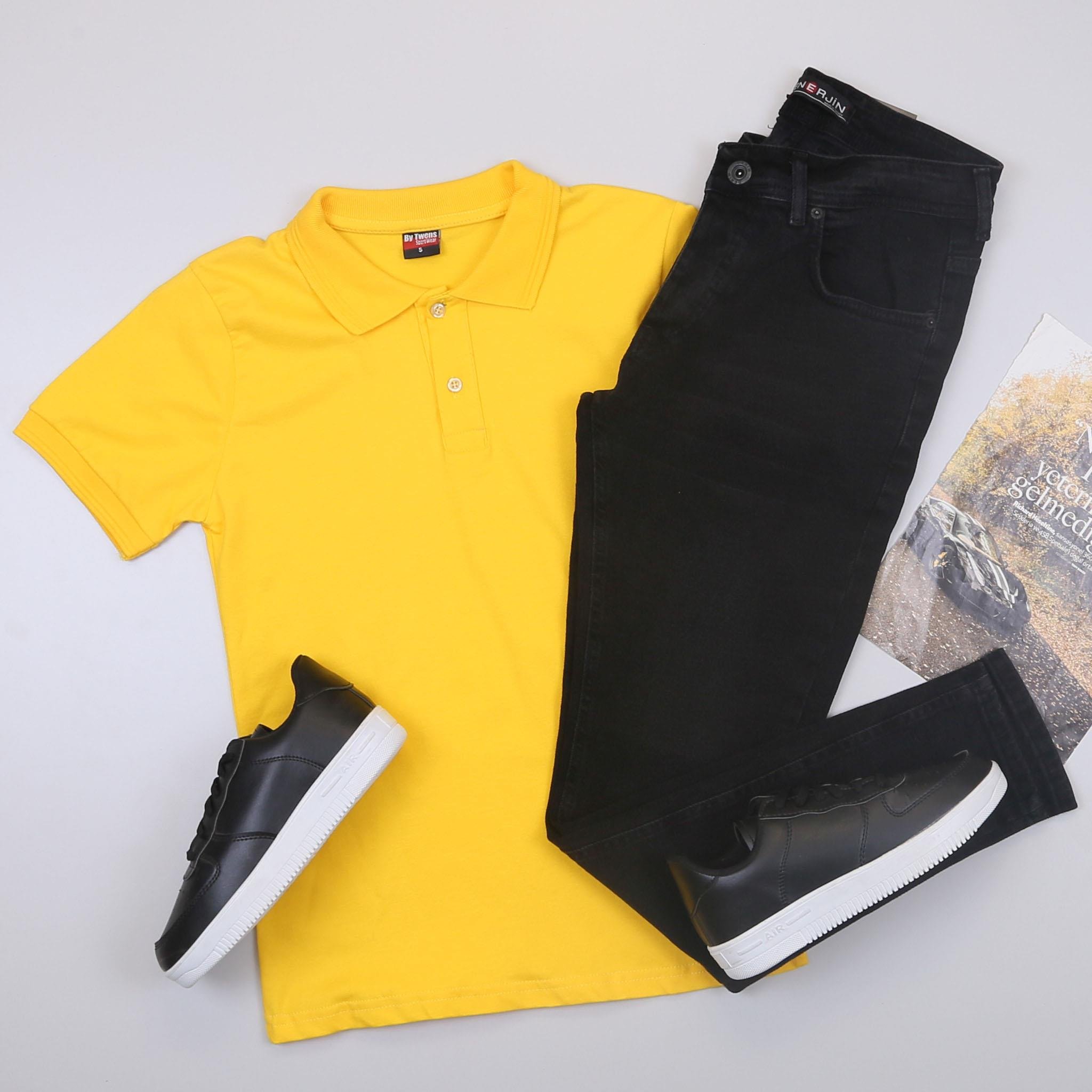 Sarı Polo Yaka Tişört Pantolon Ayakkabı Kombin