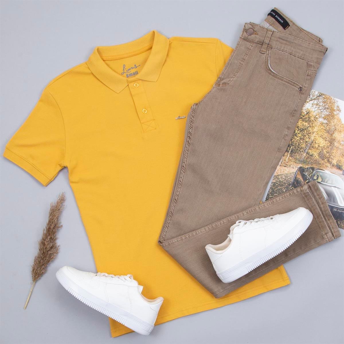 Sarı Polo Yaka Tişört Pantolon Ayakkabı Kombin