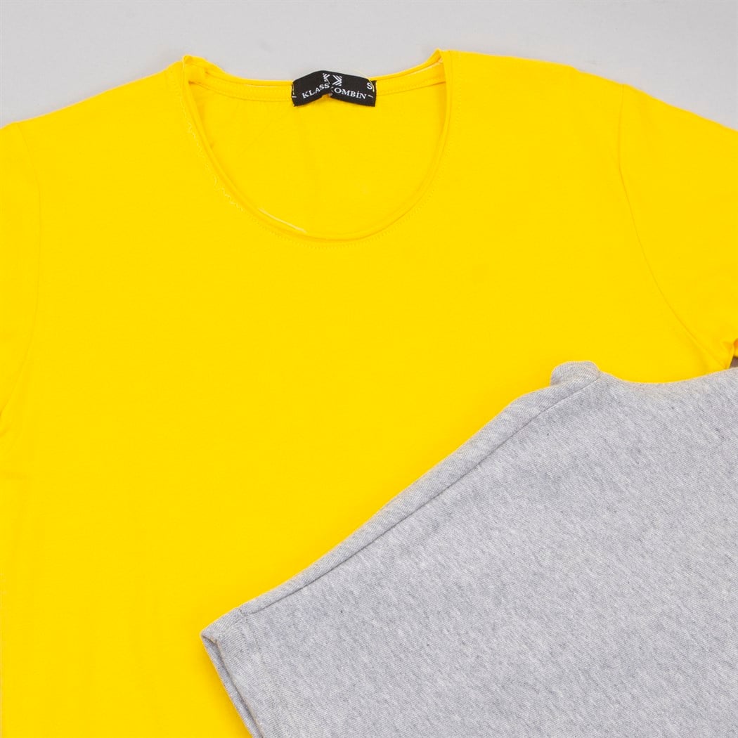 Sarı Tişört Gri Penye Şort Kombin