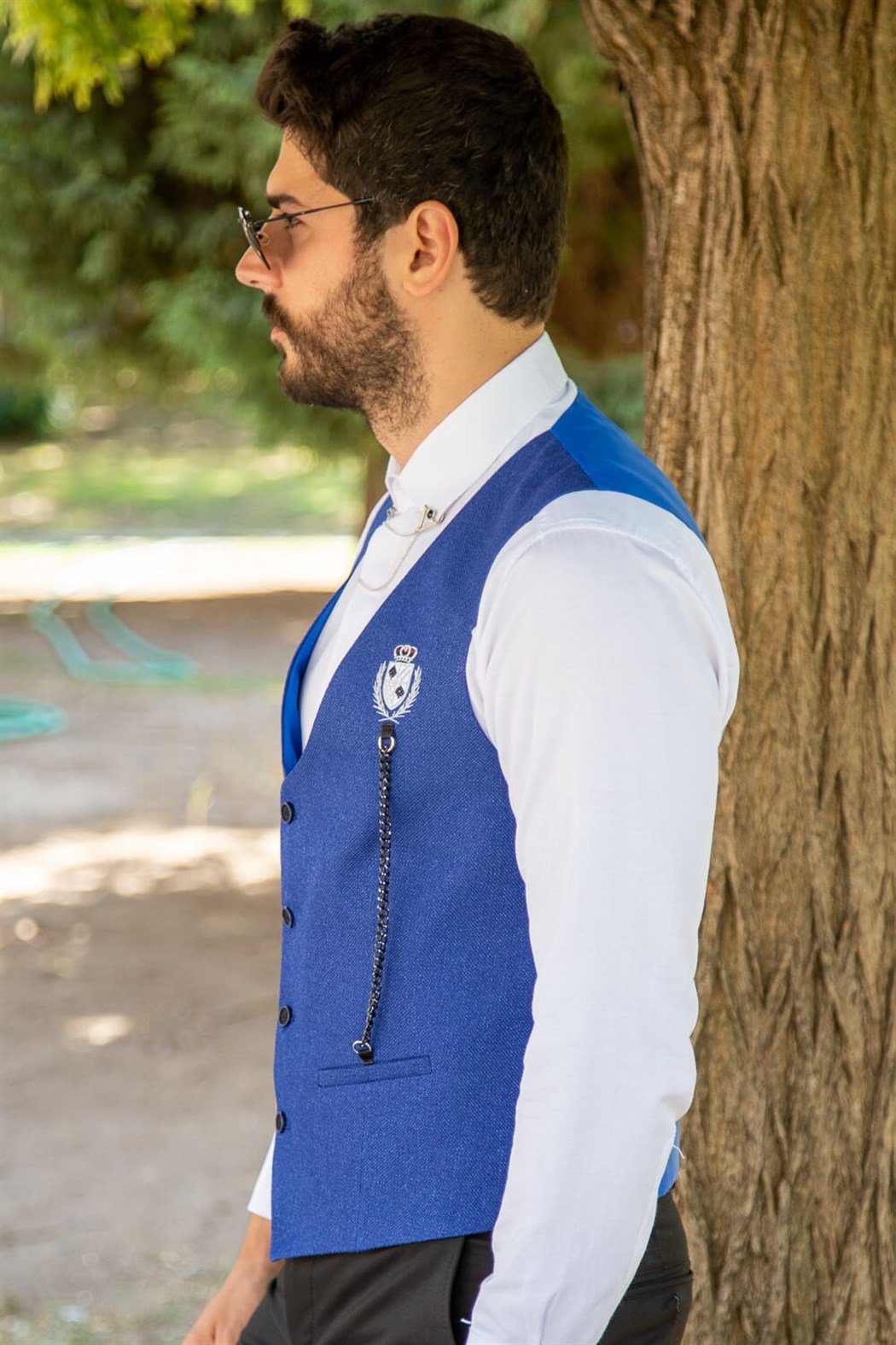 Sax rengi standart yaka zincirli model klasik yelek