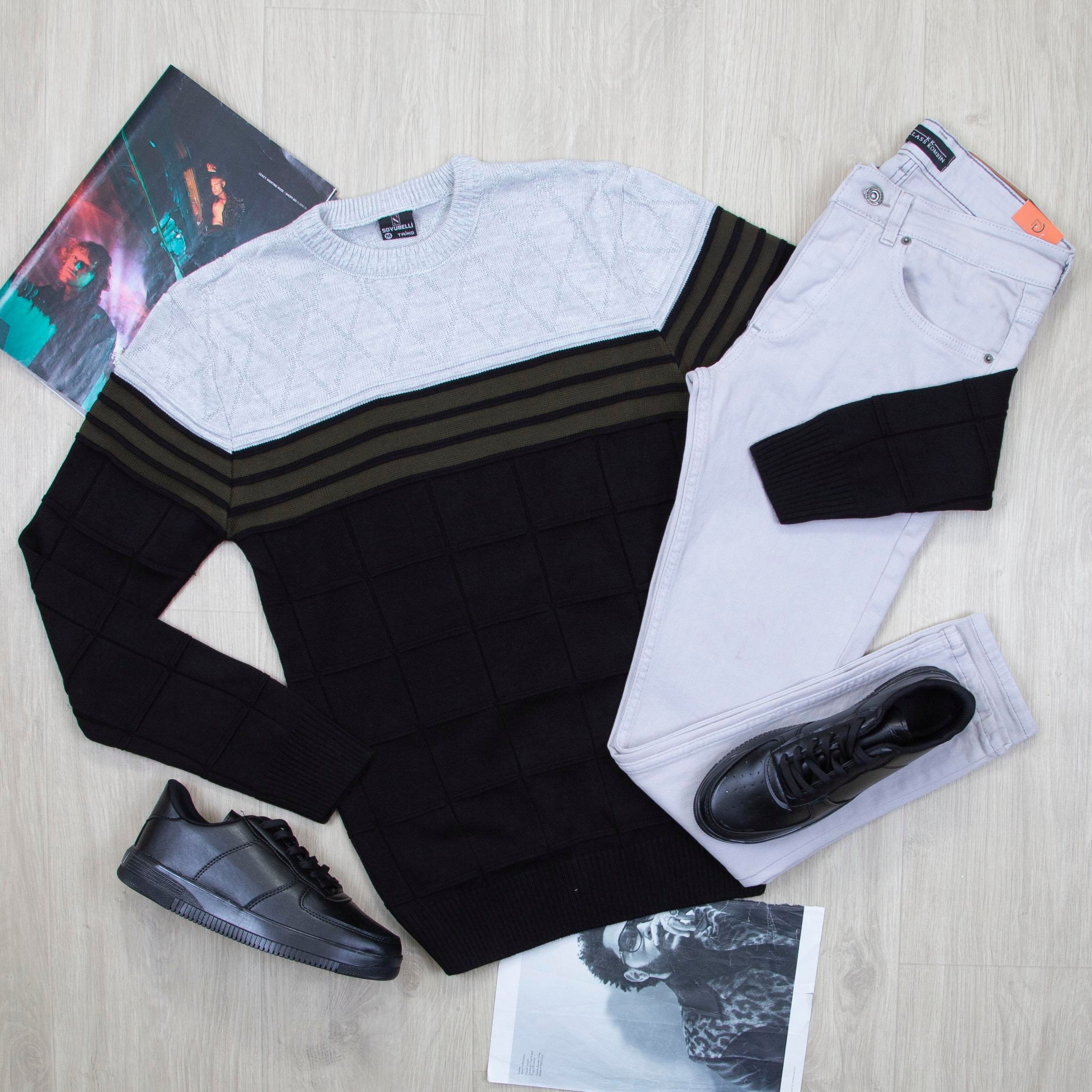 Şeritli Kazak Pantolon Ayakkabı Kombin