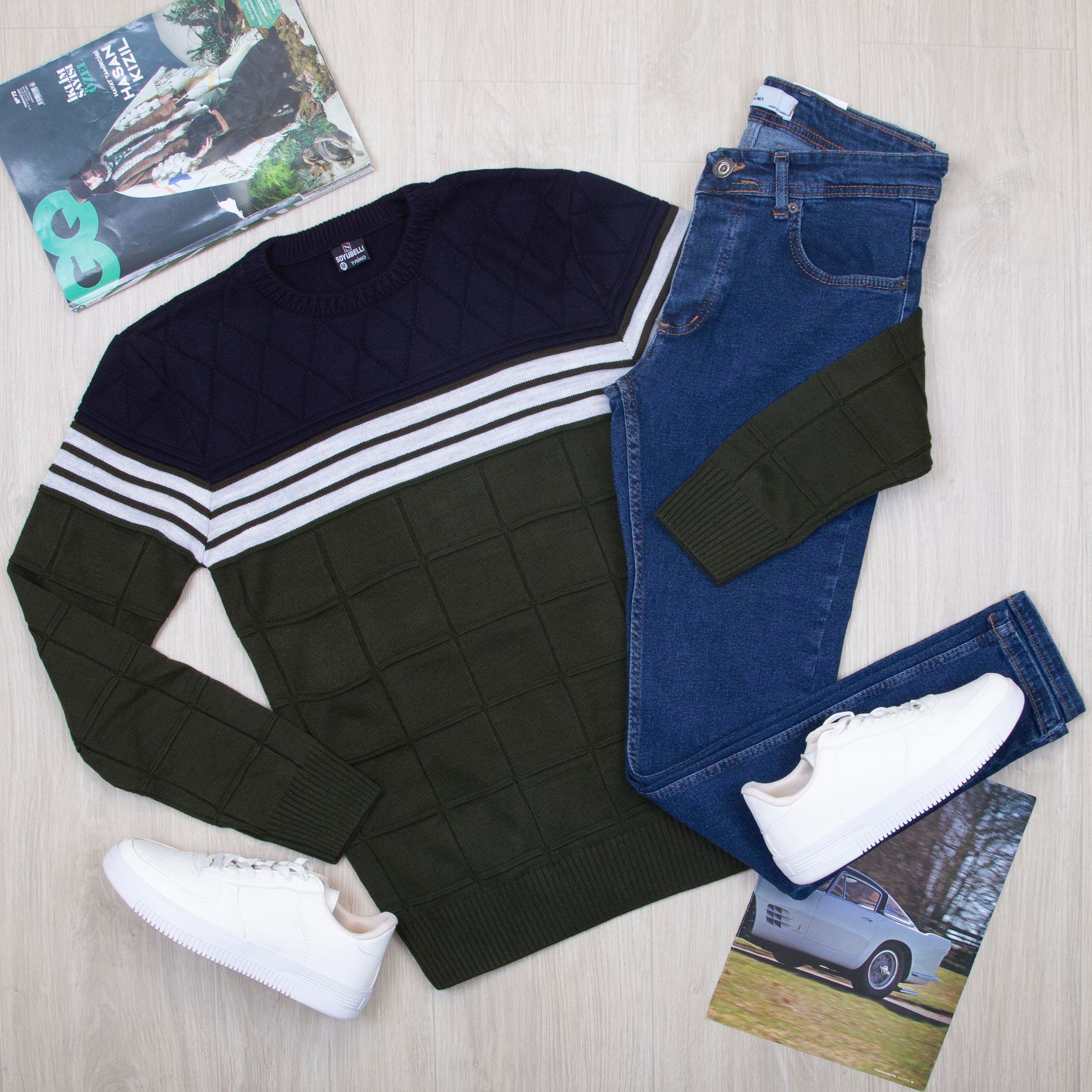 Şeritli Kazak Pantolon Ayakkabı Kombin