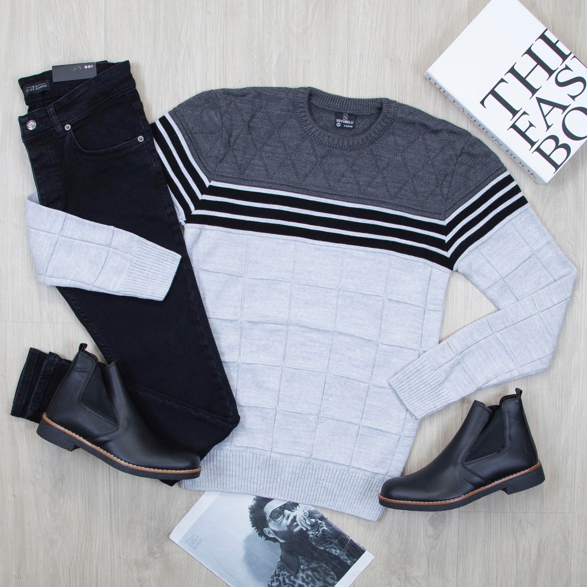 Şeritli Kazak Pantolon Bot Kombin