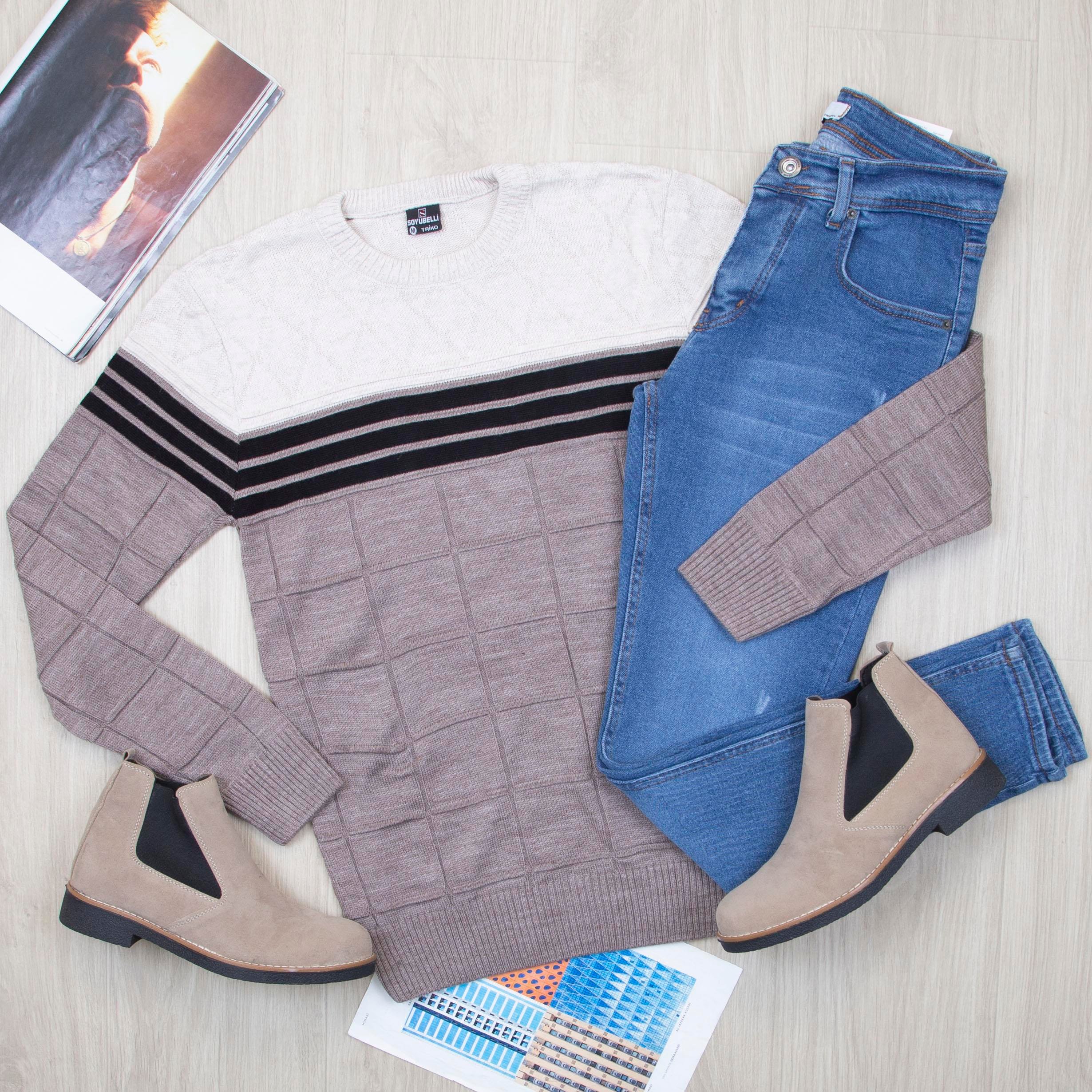 Şeritli Kazak Pantolon Bot Kombin