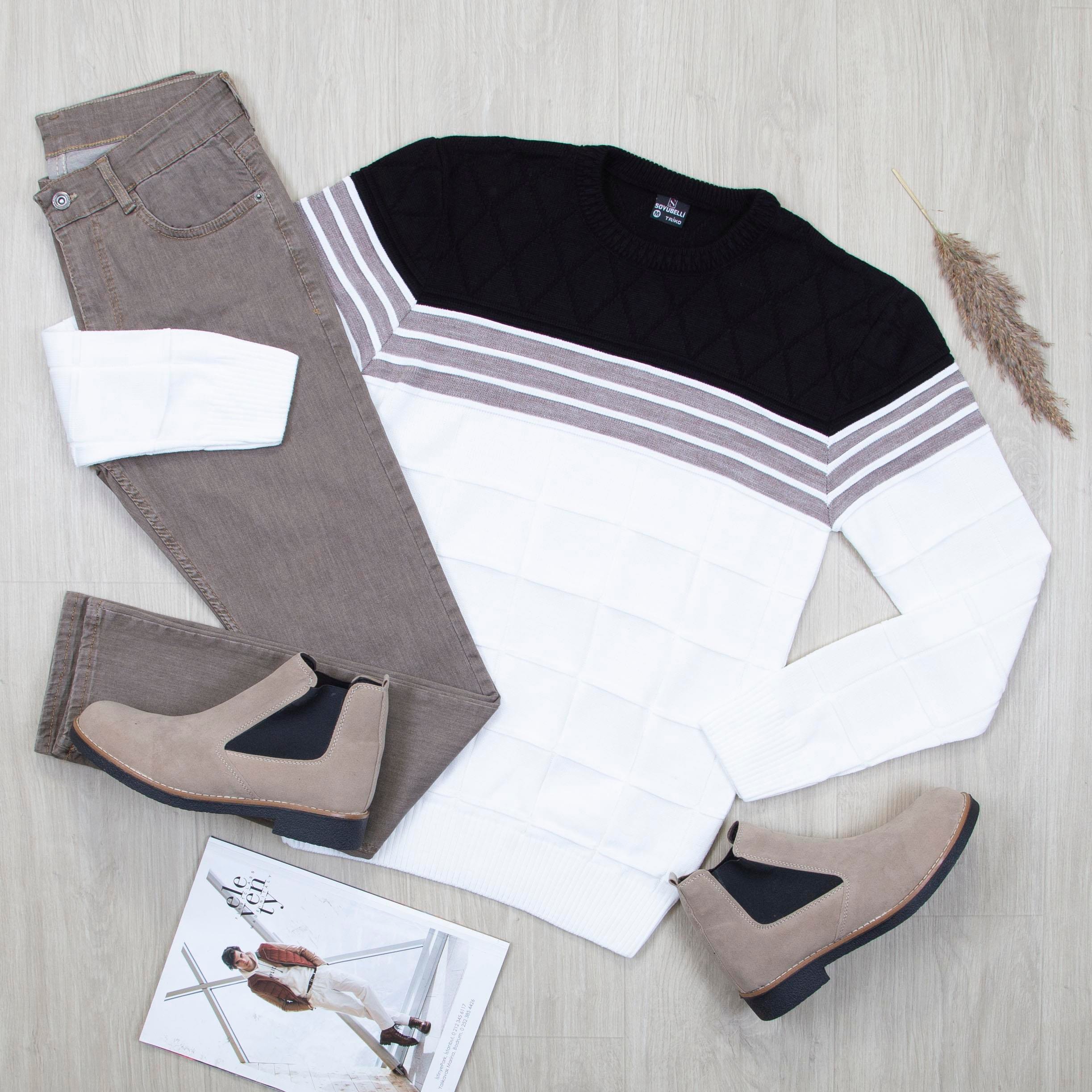 Şeritli Kazak Pantolon Bot Kombin