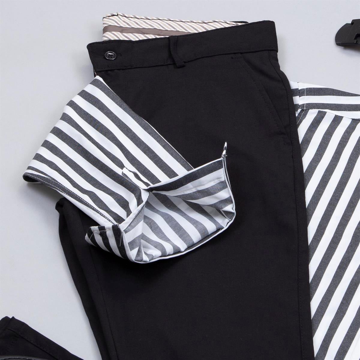 Siyah Beyaz Çizgili Gömlek Pantolon Ayakkabı Kombin