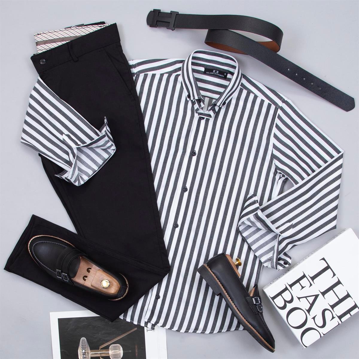 Siyah Beyaz Çizgili Gömlek Pantolon Ayakkabı Kombin