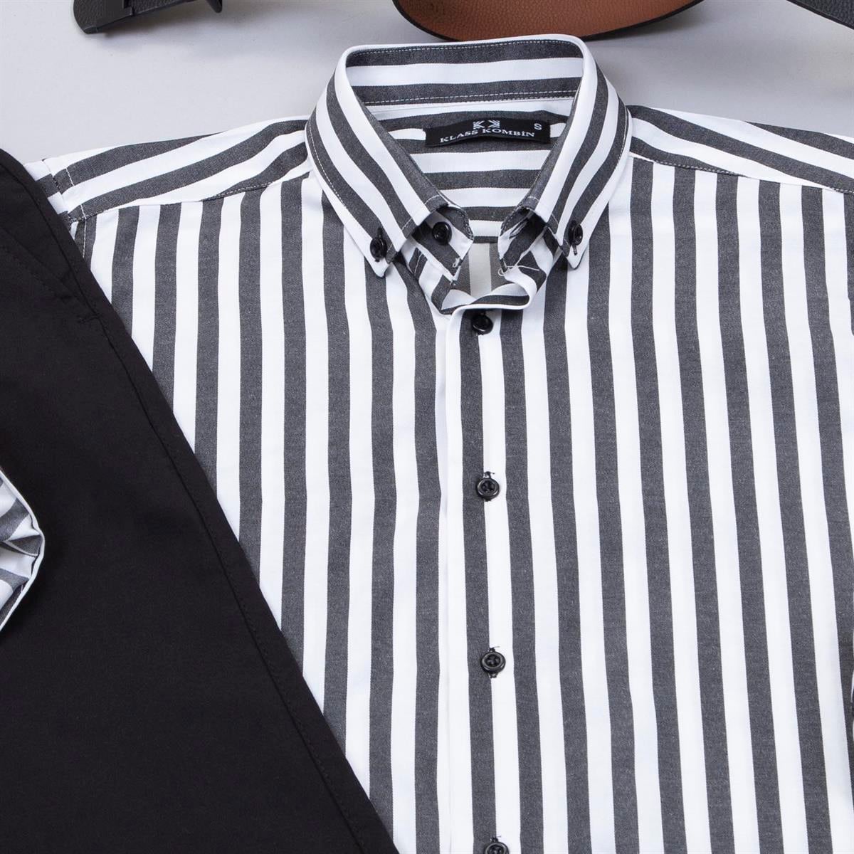 Siyah Beyaz Çizgili Gömlek Pantolon Ayakkabı Kombin