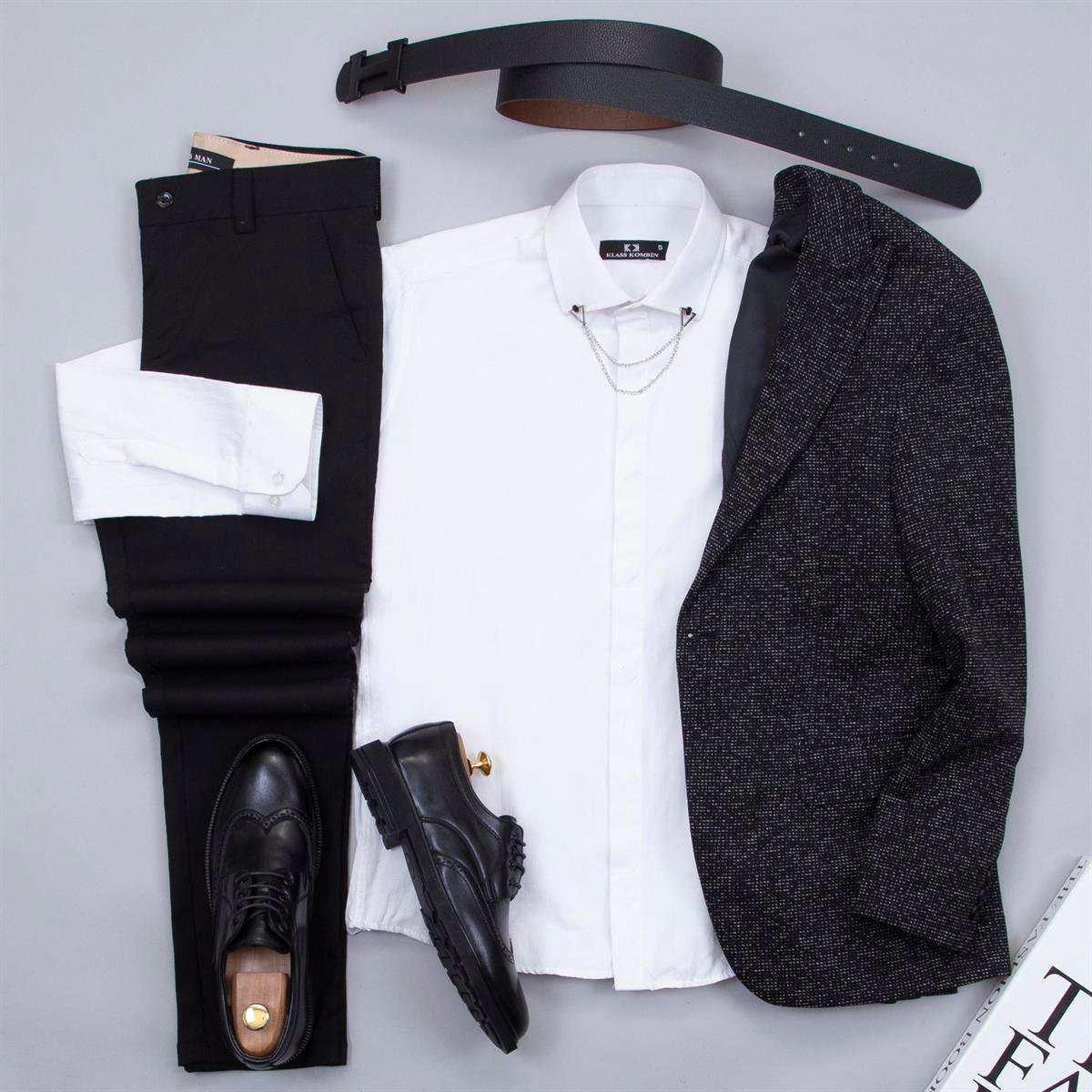 Siyah Beyaz Kırçıllı Blazer Ceket Gömlek Pantolon Ayakkabı Kombin
