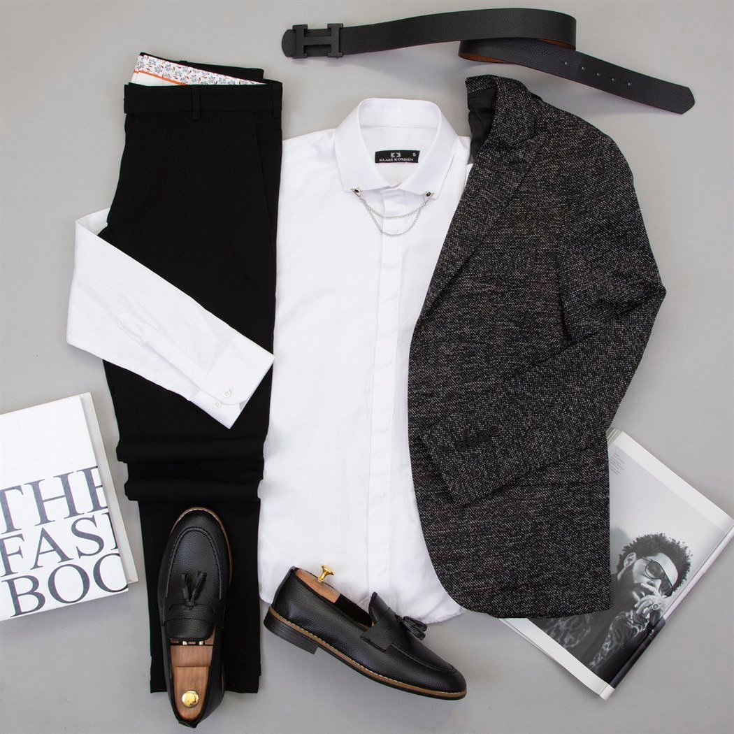 Siyah Beyaz Kırçıllı Blazer Ceket Gömlek Pantolon Ayakkabı Kombin