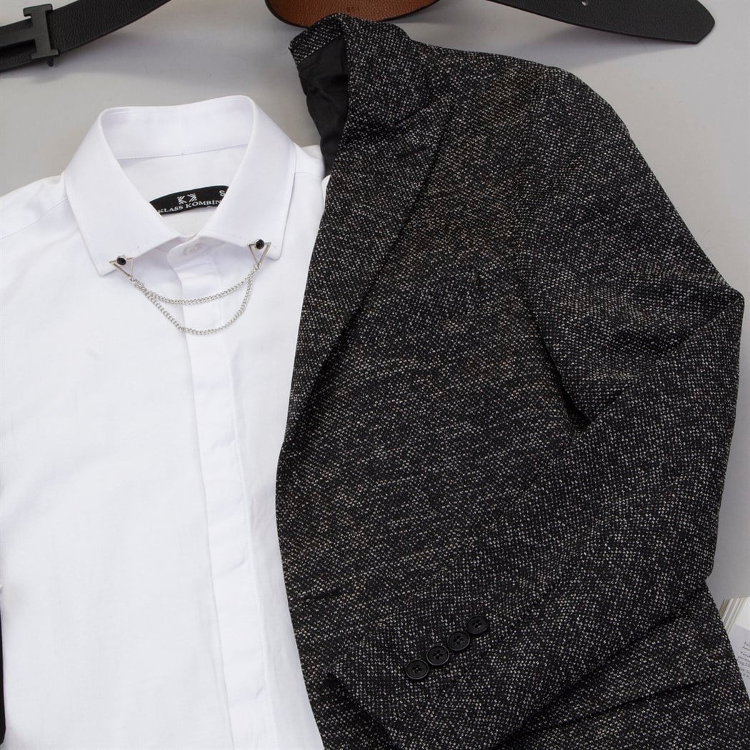 Siyah Beyaz Kırçıllı Blazer Ceket Gömlek Pantolon Ayakkabı Kombin