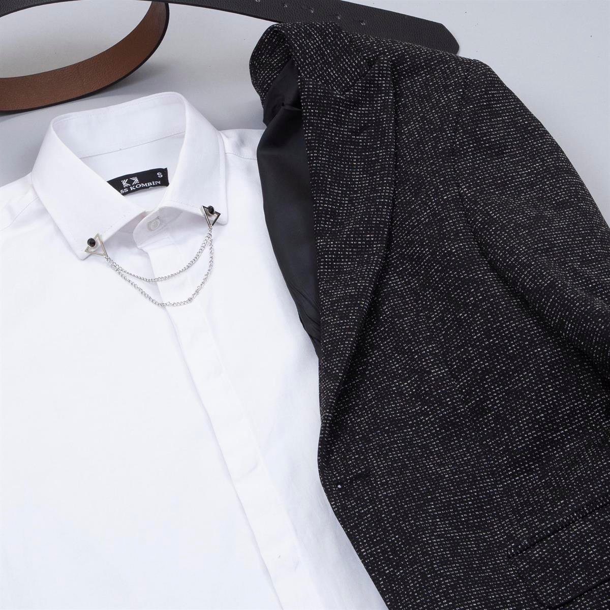 Siyah Beyaz Kırçıllı Blazer Ceket Gömlek Pantolon Ayakkabı Kombin