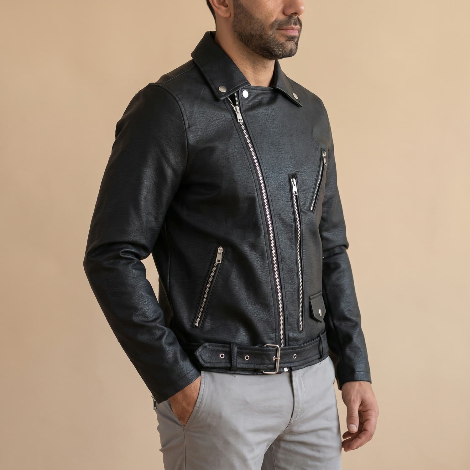 Siyah Biker Deri Ceket Erkek