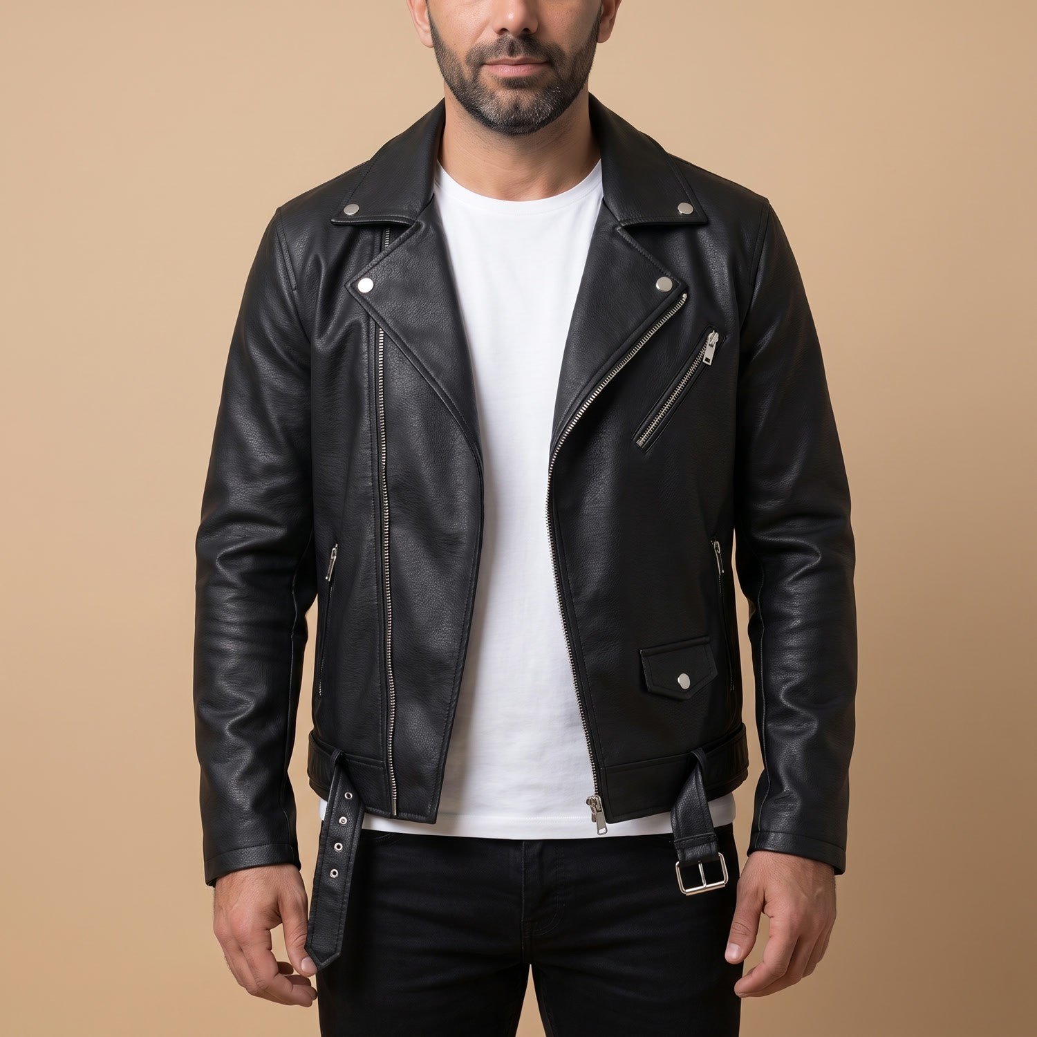 Siyah Biker Deri Ceket Erkek