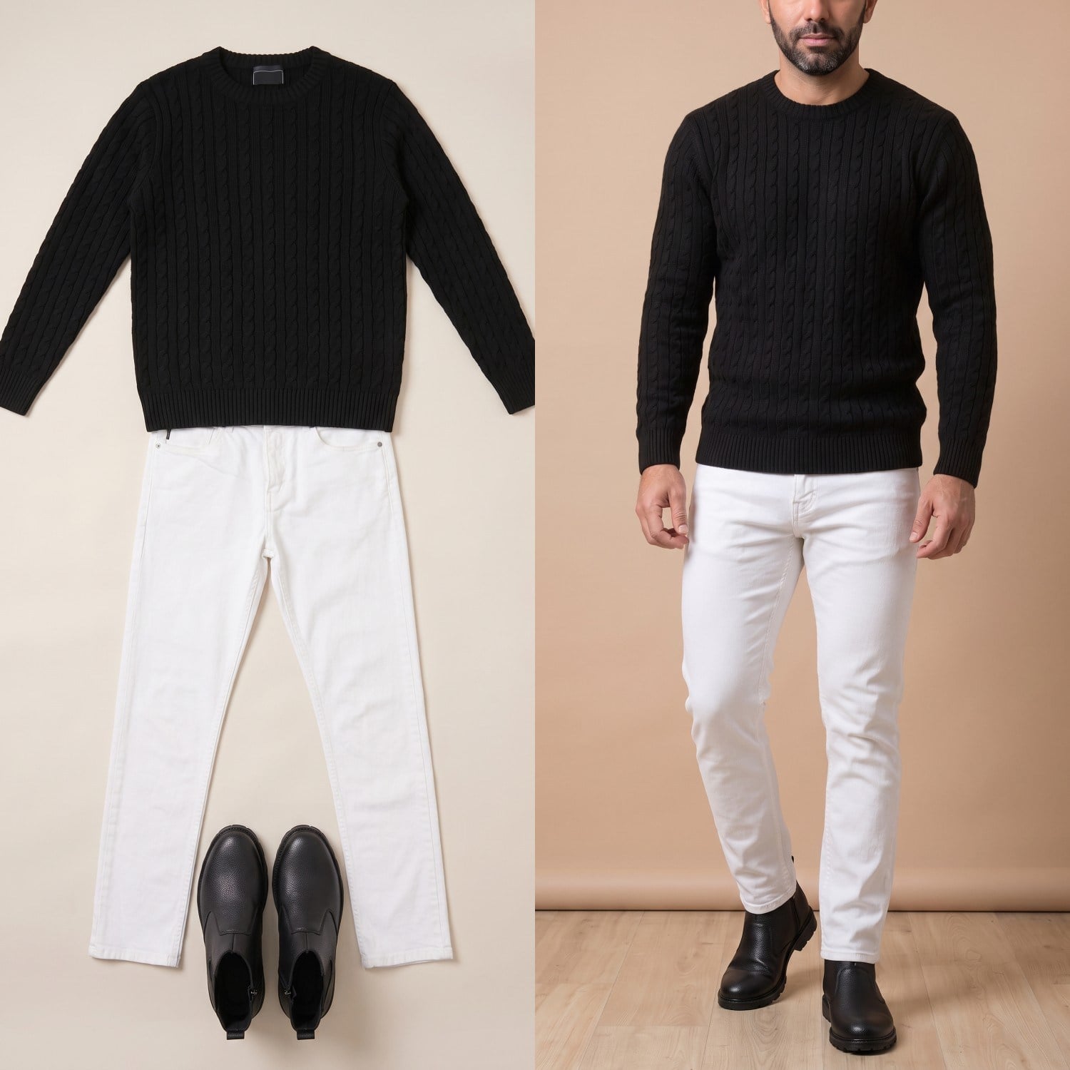 Siyah Bisiklet Yaka Kazak Beyaz Kot Pantolon Siyah Bot Kombini