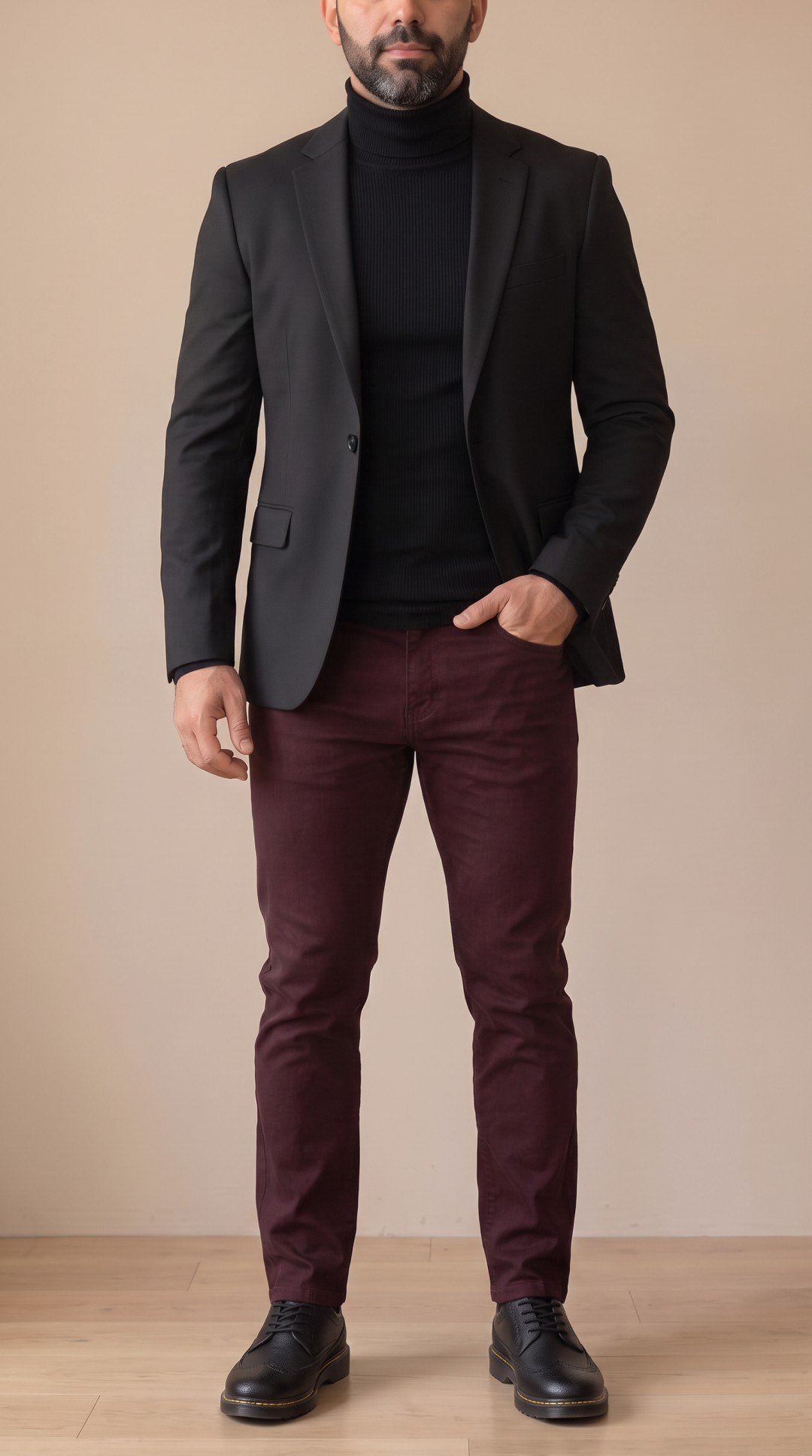 Siyah Blazer Ceket Siyah Boğazlı Body Bordo Kot Pantolon Siyah Çiftyüz Ayakkabı Kombini
