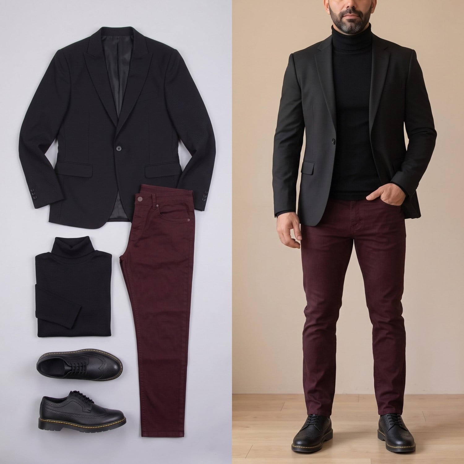 Siyah Blazer Ceket Siyah Boğazlı Body Bordo Kot Pantolon Siyah Çiftyüz Ayakkabı Kombini
