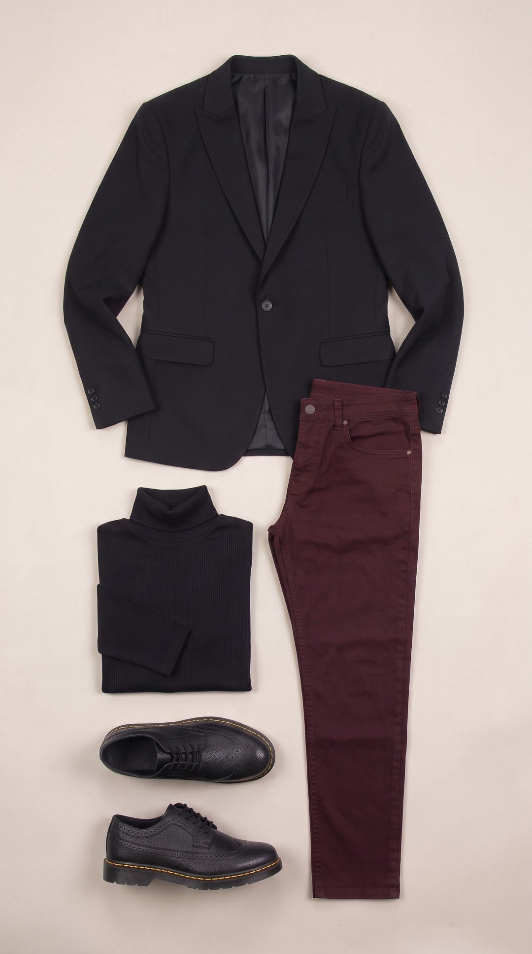 Siyah Blazer Ceket Siyah Boğazlı Body Bordo Kot Pantolon Siyah Çiftyüz Ayakkabı Kombini
