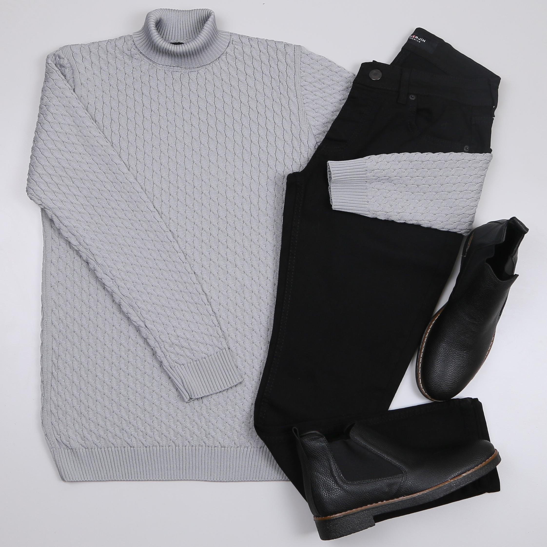 Siyah Boğazlı triko Gri kot Pantolon