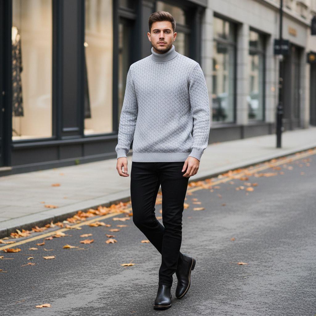 Siyah Boğazlı triko Gri kot Pantolon