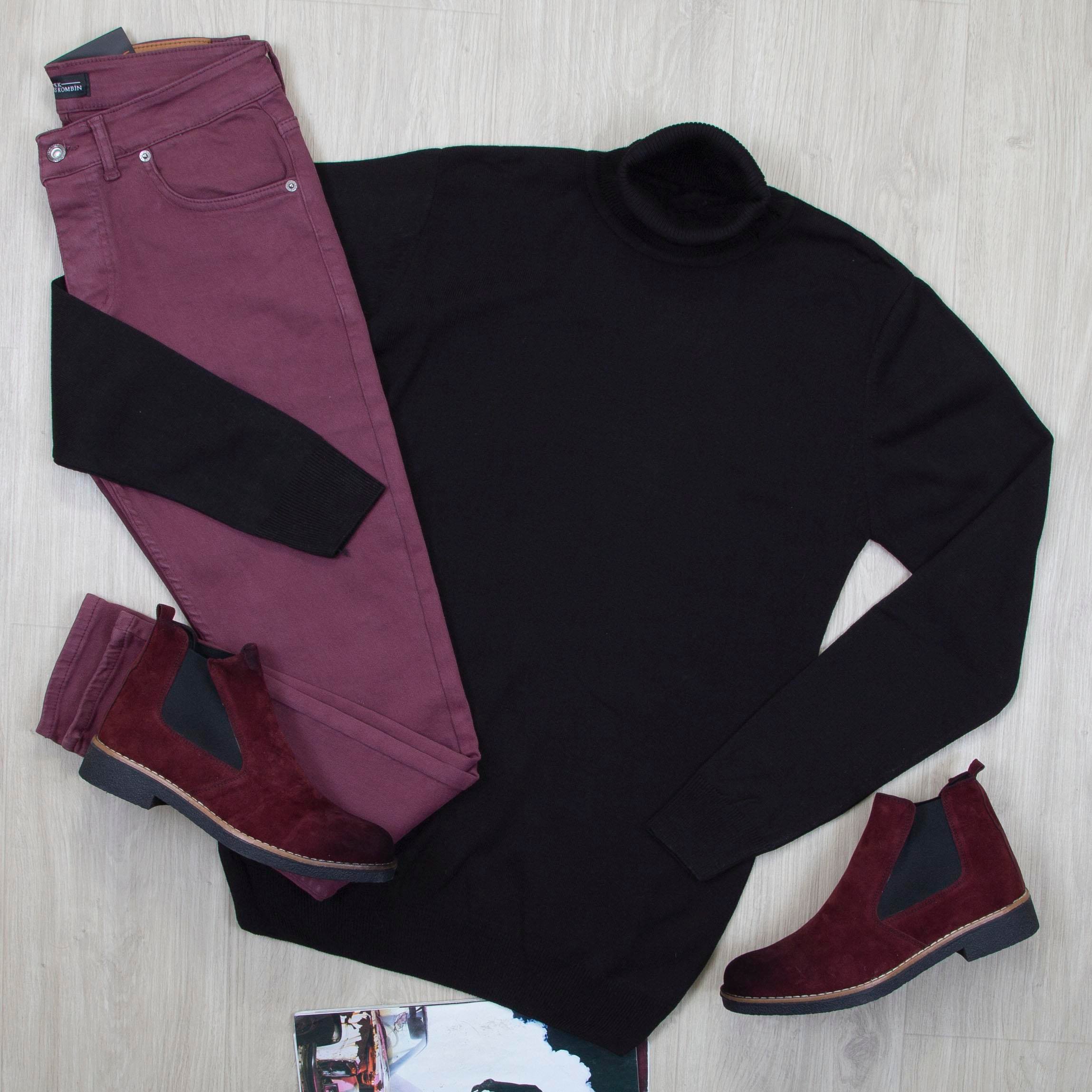 Siyah Boğazlı Triko Kazak Pantolon Bot Kombin