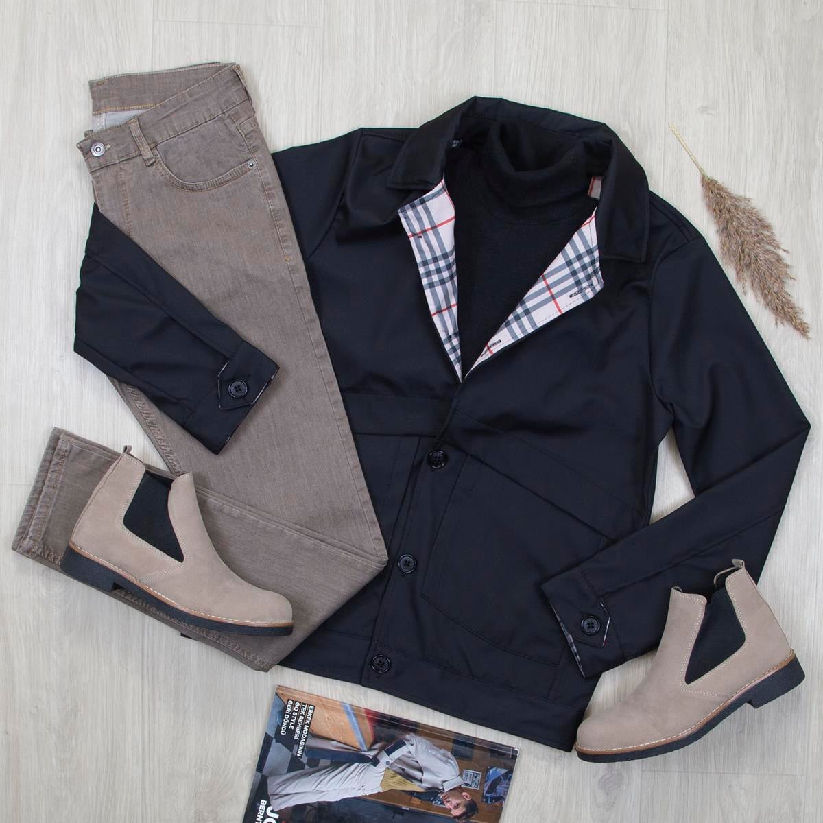 Siyah Ceket Boğazlı Body Pantolon Bot Kombin