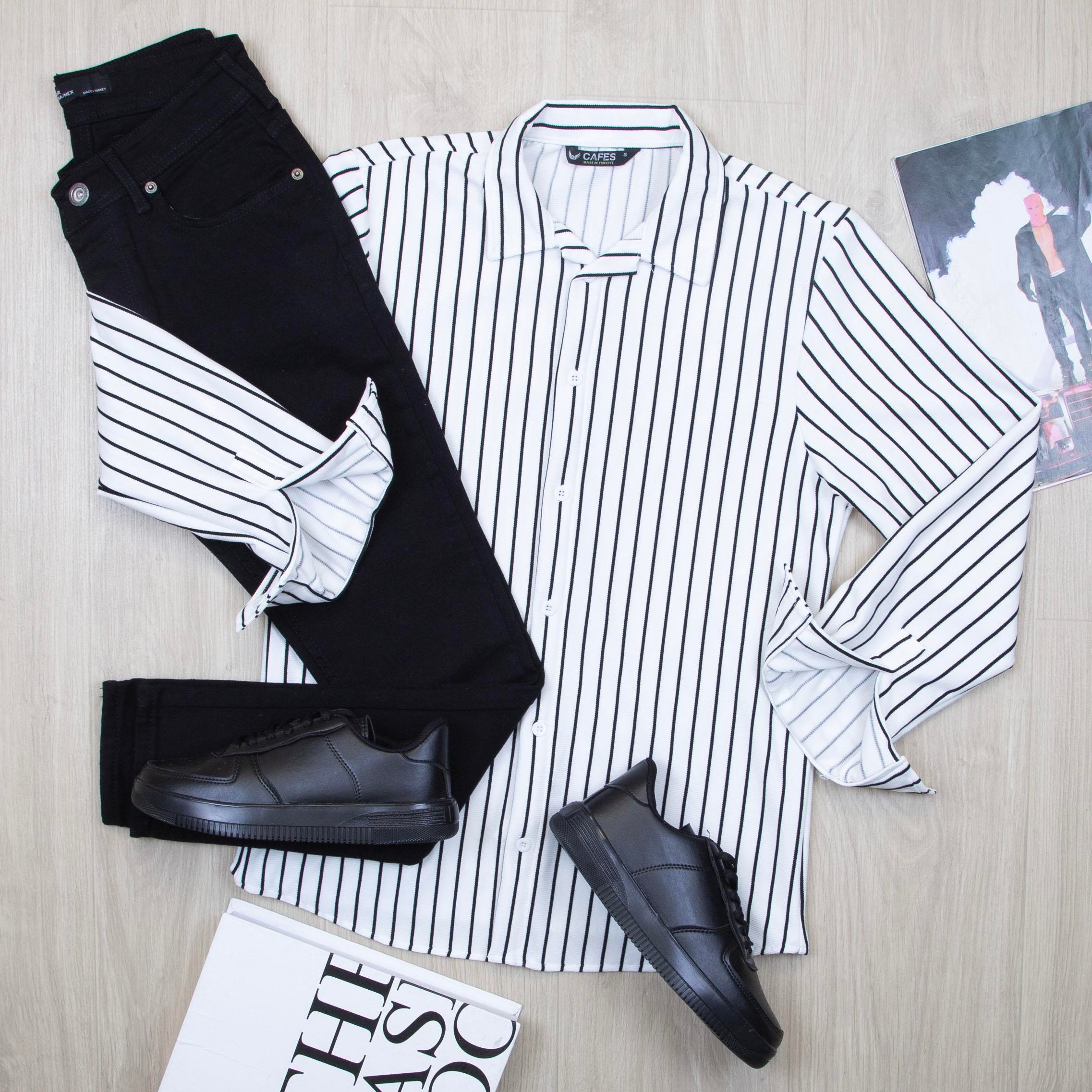 Siyah Çizgili Gömlek Pantolon Ayakkabı Kombin