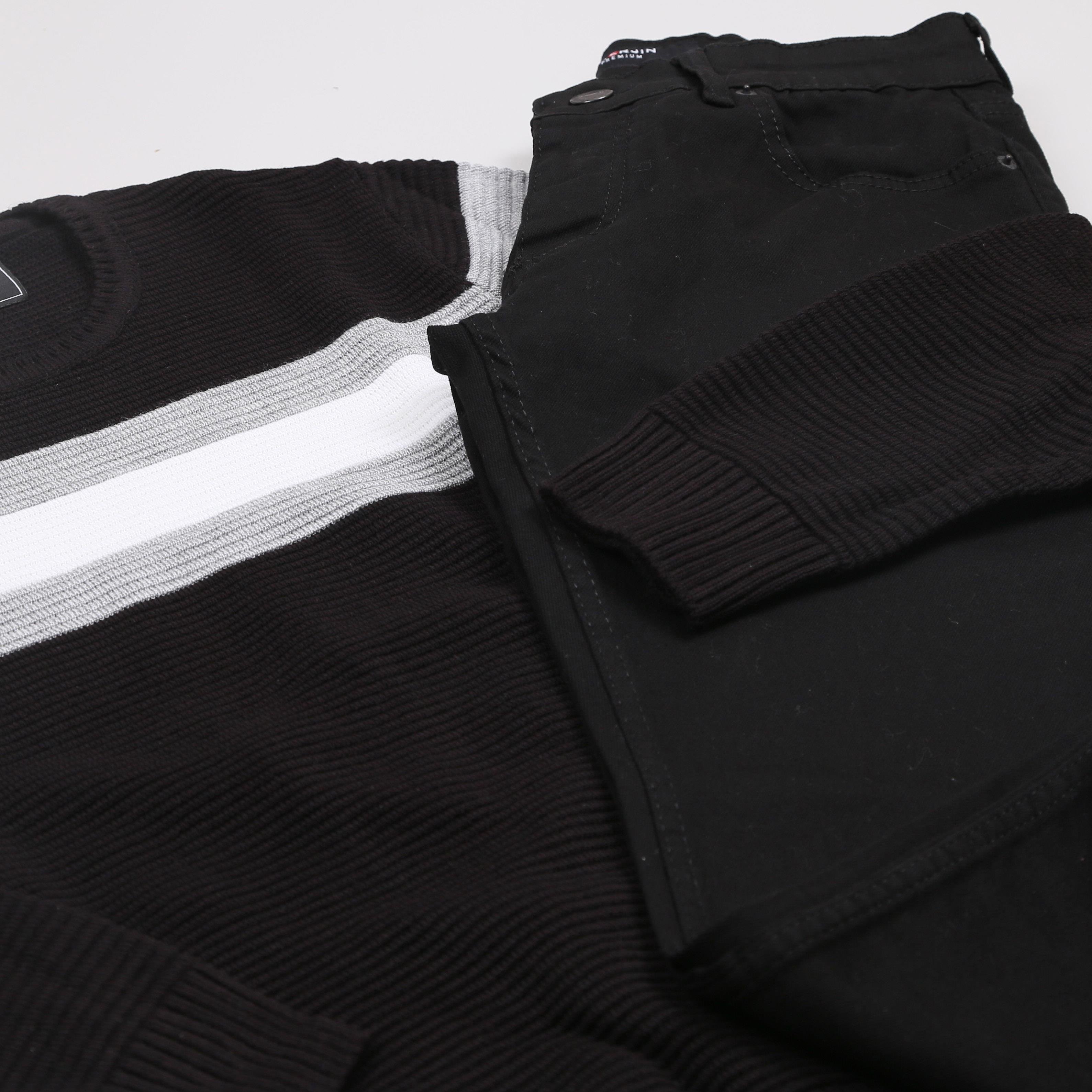 Siyah Çizgili Kazak Kot Pantolon Bot Kombini