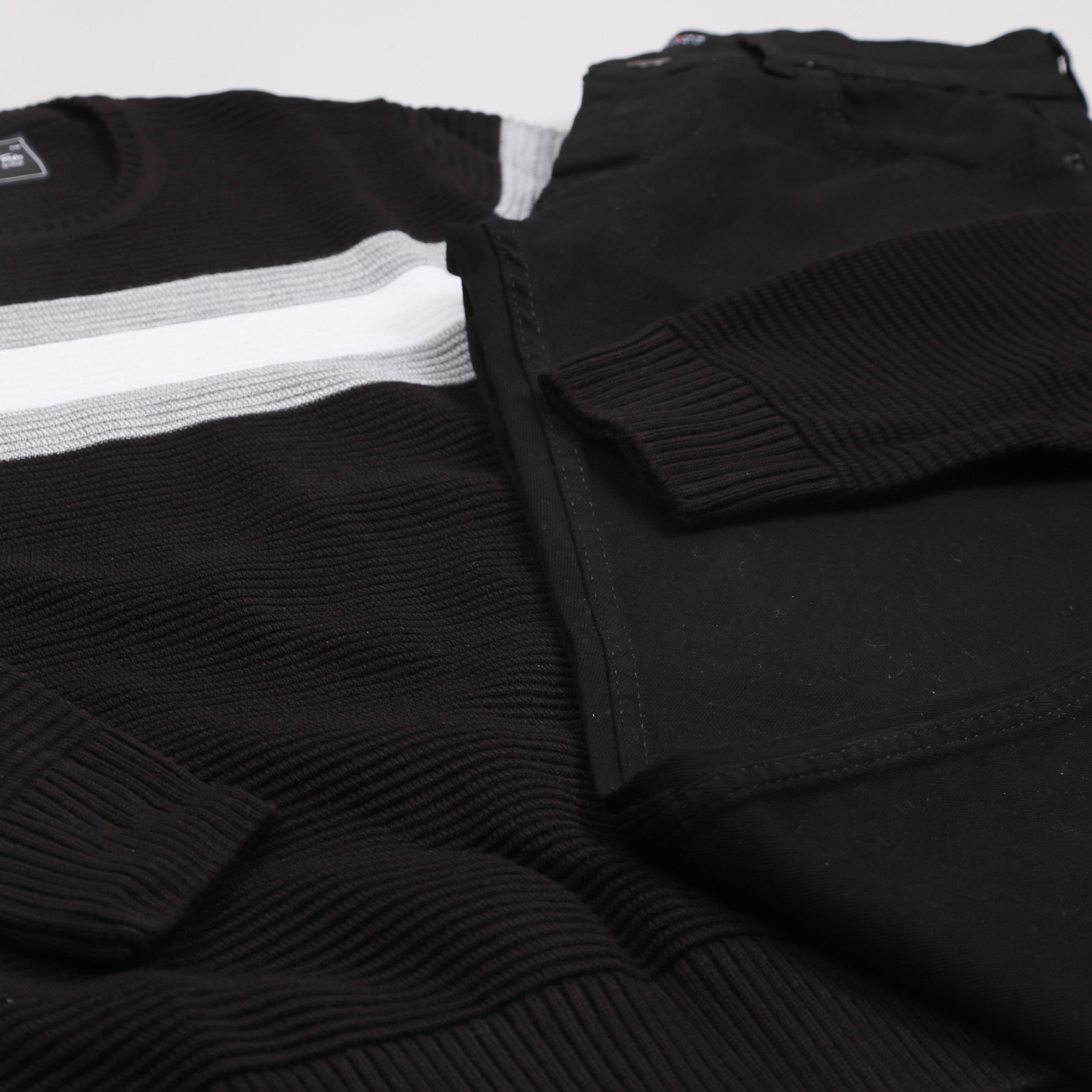 Siyah Çizgili Kazak Pantolon Ayakkabı Kombini