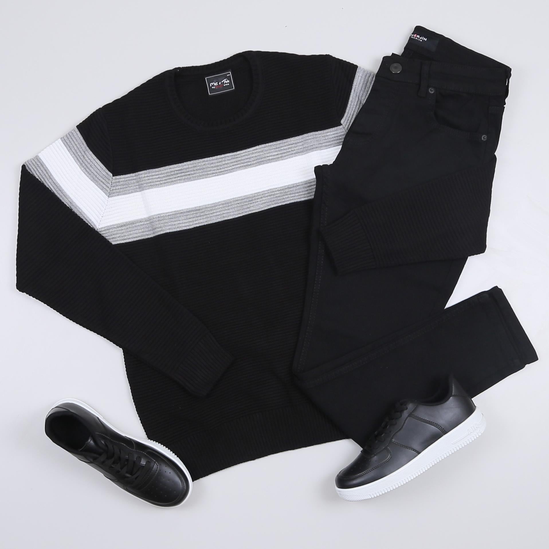 Siyah Çizgili Kazak Pantolon Ayakkabı Kombini