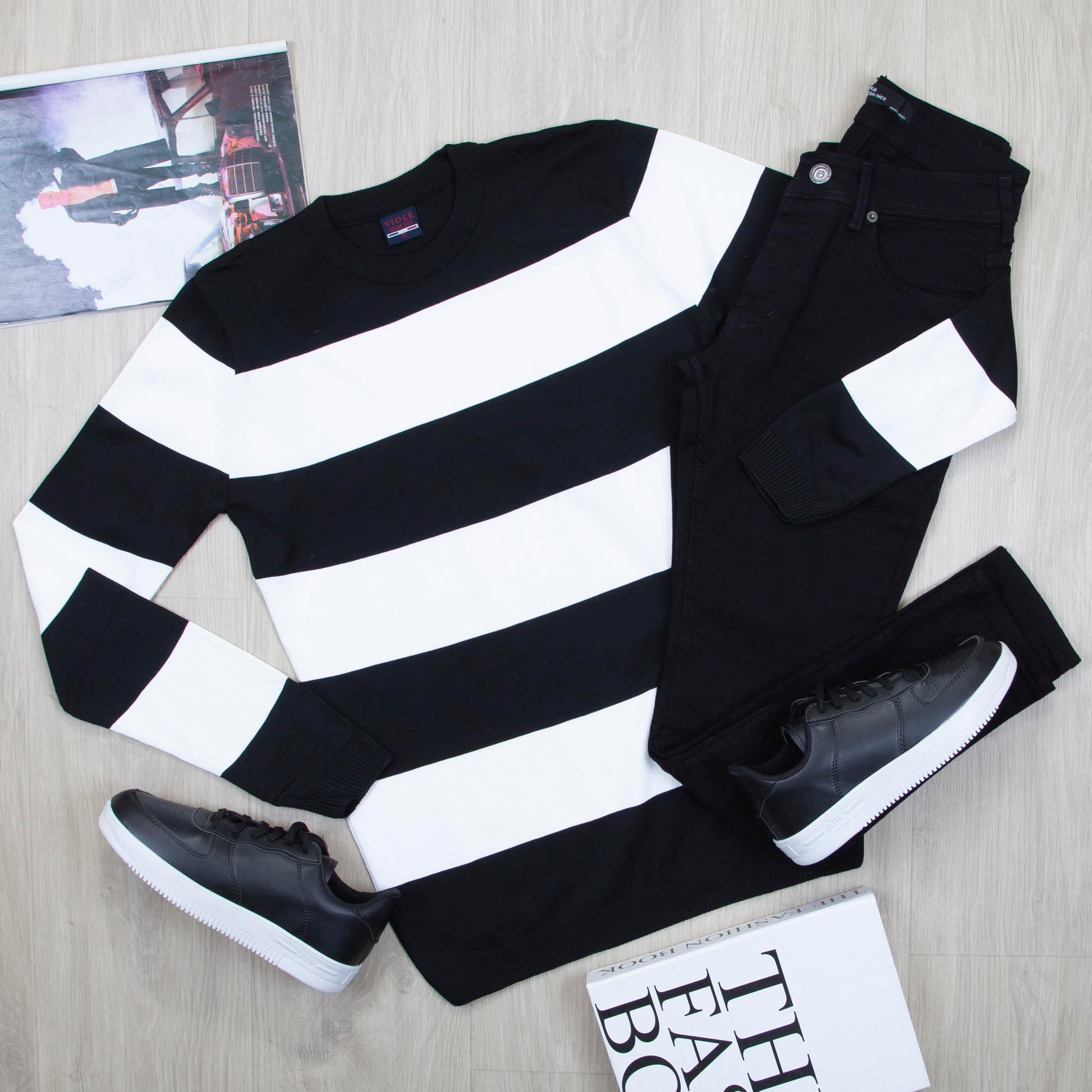 Siyah Çizgili Kazak Pantolon Ayakkabı Kombin