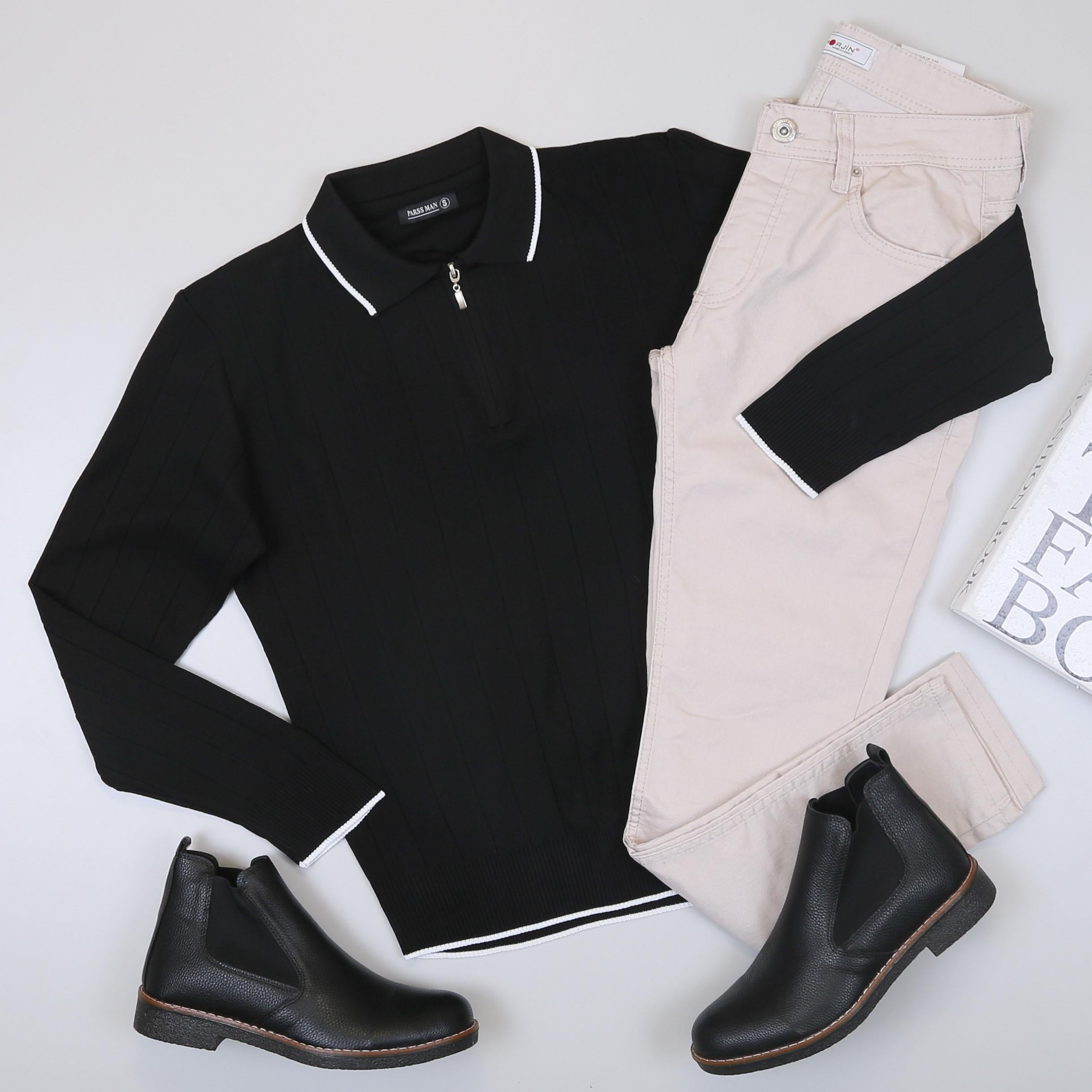 Siyah Çizgili Triko Polo Yaka Pantolon Bot Kombin